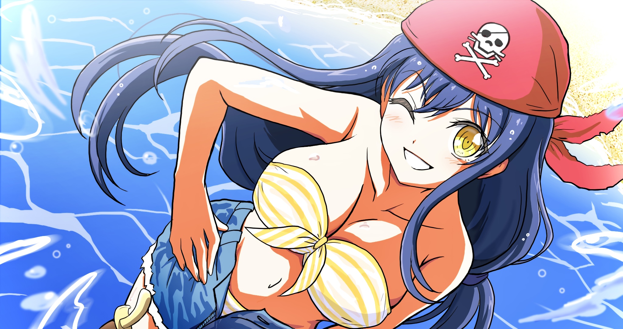 kushima kamome, summer pockets, commentary request, highres, 1girl, ;d, alternate costume, armpit crease, bandana, bare shoulders, beach, black hair, blue shorts, blush, bone print, breasts, cleavage, collarbone, cowboy shot, cutoffs, day, denim, denim shorts, dutch angle, eyelashes, floating hair, grin, hair between eyes, hand on own hip, happy, large breasts, long hair, looking at viewer, navel, ocean, one eye closed, open fly, open mouth, outdoors, red bandana, ringed eyes, shorts, skull and crossbones, skull print, smile, solo, umehal, v-shaped eyebrows, very long hair, wet, yellow eyes