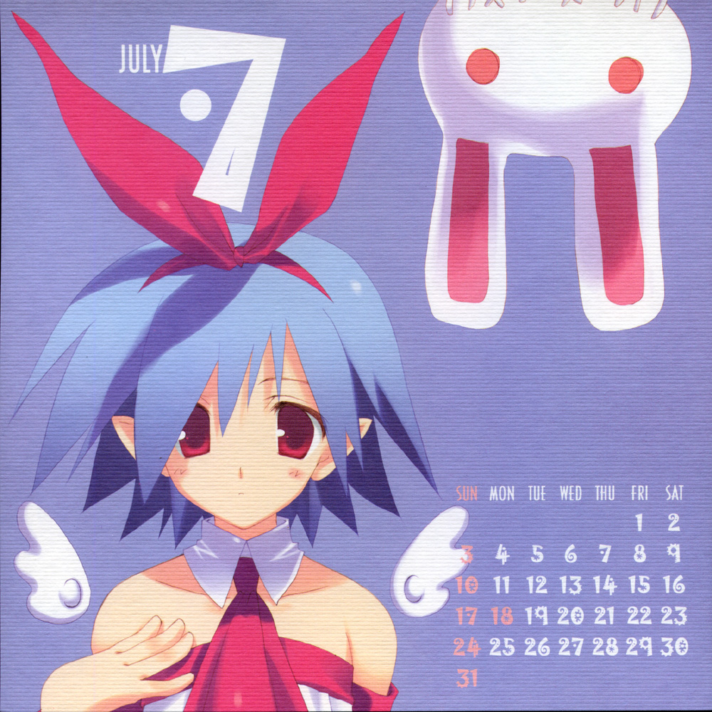 mitsumi misato, pleinair, usagi-san, disgaea, 00s, 2005, blue hair, calendar, july, pointy ears, rabbit, red eyes, solo