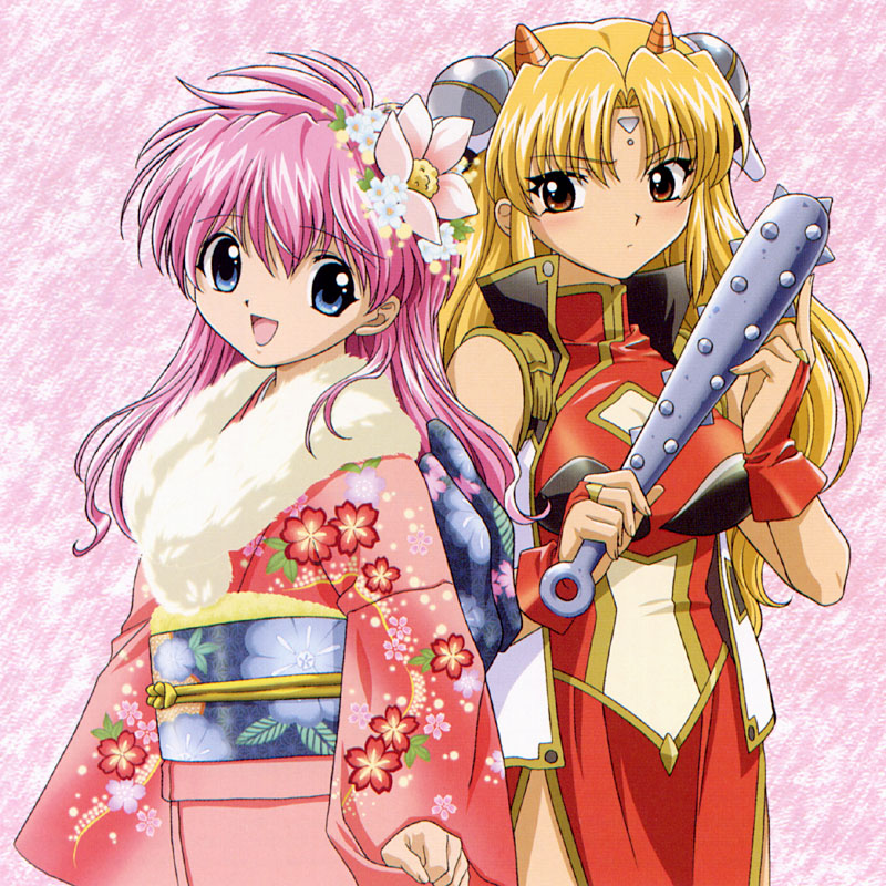 milfeulle sakuraba, ranpha franboise, broccoli (company), galaxy angel, 2girls, blonde hair, blue eyes, blush, china dress, chinese clothes, club, club (weapon), cosplay, dress, facial mark, flower, forehead mark, gloves, hair flower, hair ornament, horns, japanese clothes, kanabou, kimono, long hair, multiple girls, oni, open mouth, pink hair, smile, very long hair, weapon