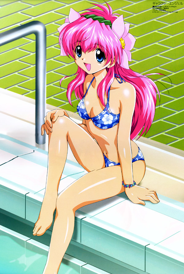 hagiya yasunari, milfeulle sakuraba, broccoli (company), galaxy angel, 00s, 1girl, :d, bikini, bracelet, female focus, floral print, flower, hair flower, hair ornament, jewelry, open mouth, pool, pool ladder, poolside, sitting, smile, solo, swimsuit