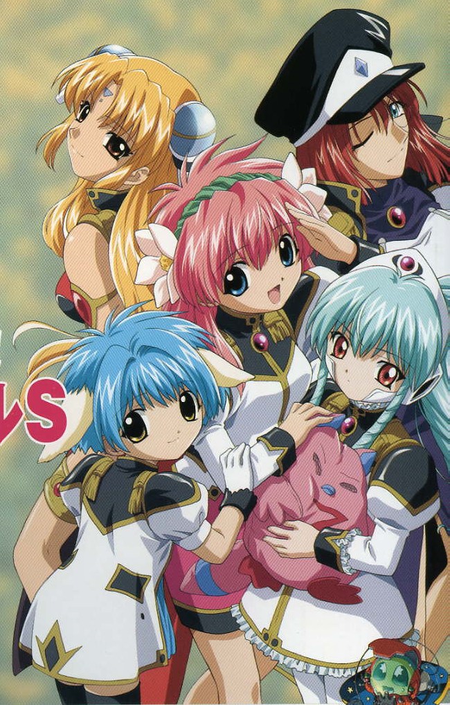 forte stollen, milfeulle sakuraba, mint blancmanche, normad, ranpha franboise, vanilla h, broccoli (company), galaxy angel, uniform, white legwear, 00s, 5girls, animal ears, black thighhighs, blonde hair, blue hair, creature, dog ears, drill hair, expressionless, facial mark, forehead mark, gloves, green hair, hat, holding, long hair, looking at viewer, looking back, monocle, multiple girls, one eye closed, pantyhose, peaked cap, pink hair, puffy sleeves, red hair, short hair, smile, thighhighs, very long hair, zettai ryouiki