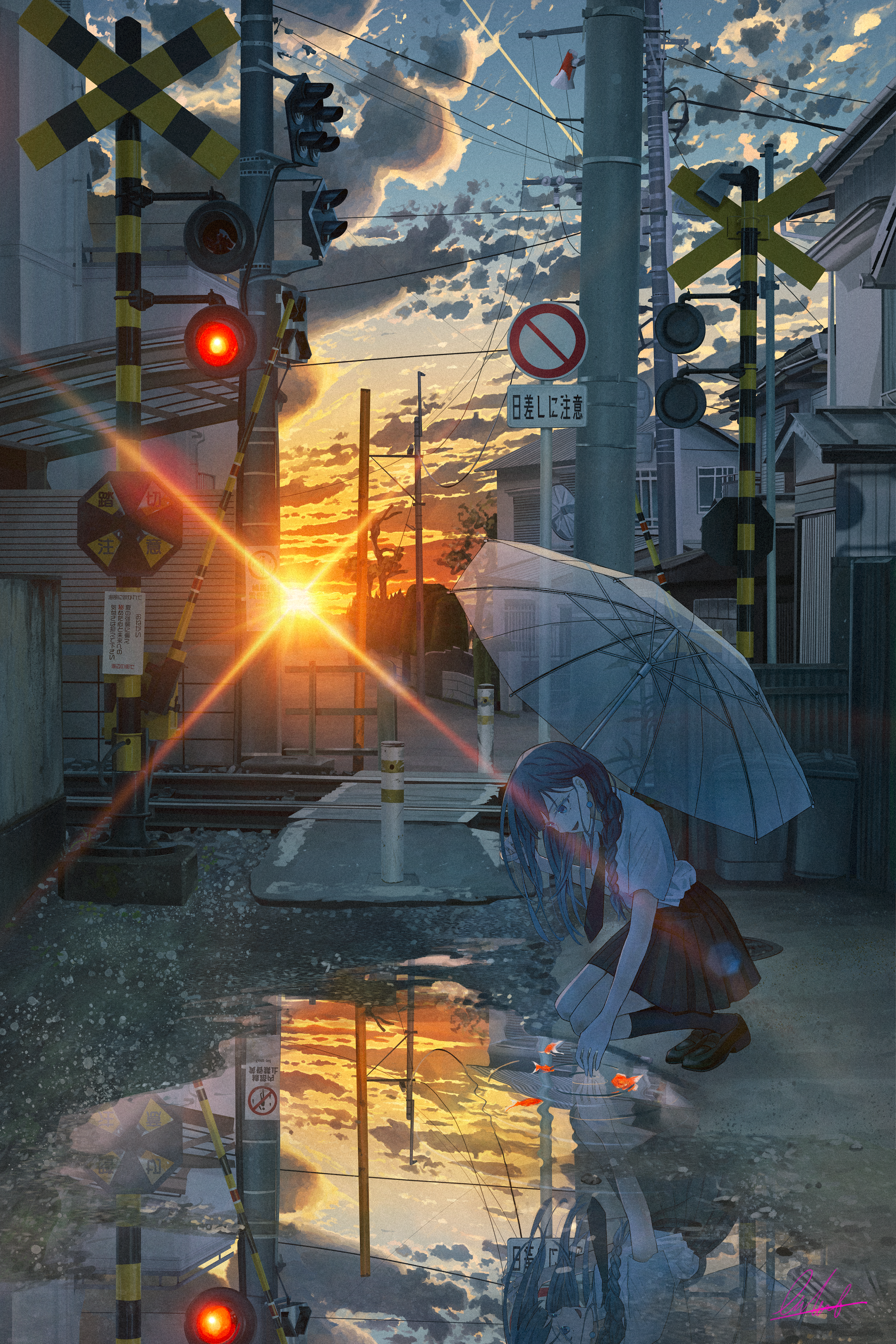 banishment, original, absurdres, commentary request, highres, 1girl, black skirt, black socks, building, cloud, evening, fish, goldfish, holding, holding umbrella, long hair, outdoors, puddle, railroad crossing, railroad signal, reflection, reflective water, road sign, scenery, school uniform, shirt, sign, skirt, sky, socks, solo, squatting, summer, sunset, umbrella, utility pole, vanishing point, white shirt