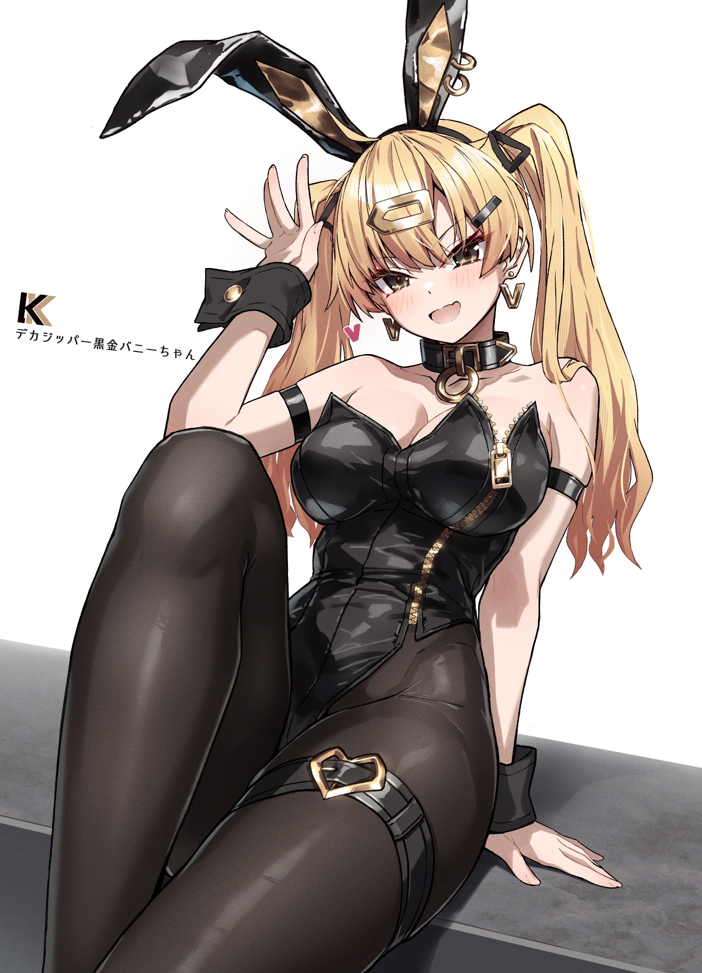 takanashi kei (hitsujikan), original, highres, 1girl, animal ears, bare shoulders, black gold bunny (takanashi kei), black pantyhose, blonde hair, breasts, brown eyes, cleavage, fake animal ears, looking at viewer, medium breasts, open mouth, pantyhose, rabbit ears, simple background, smile, solo, twintails, white background