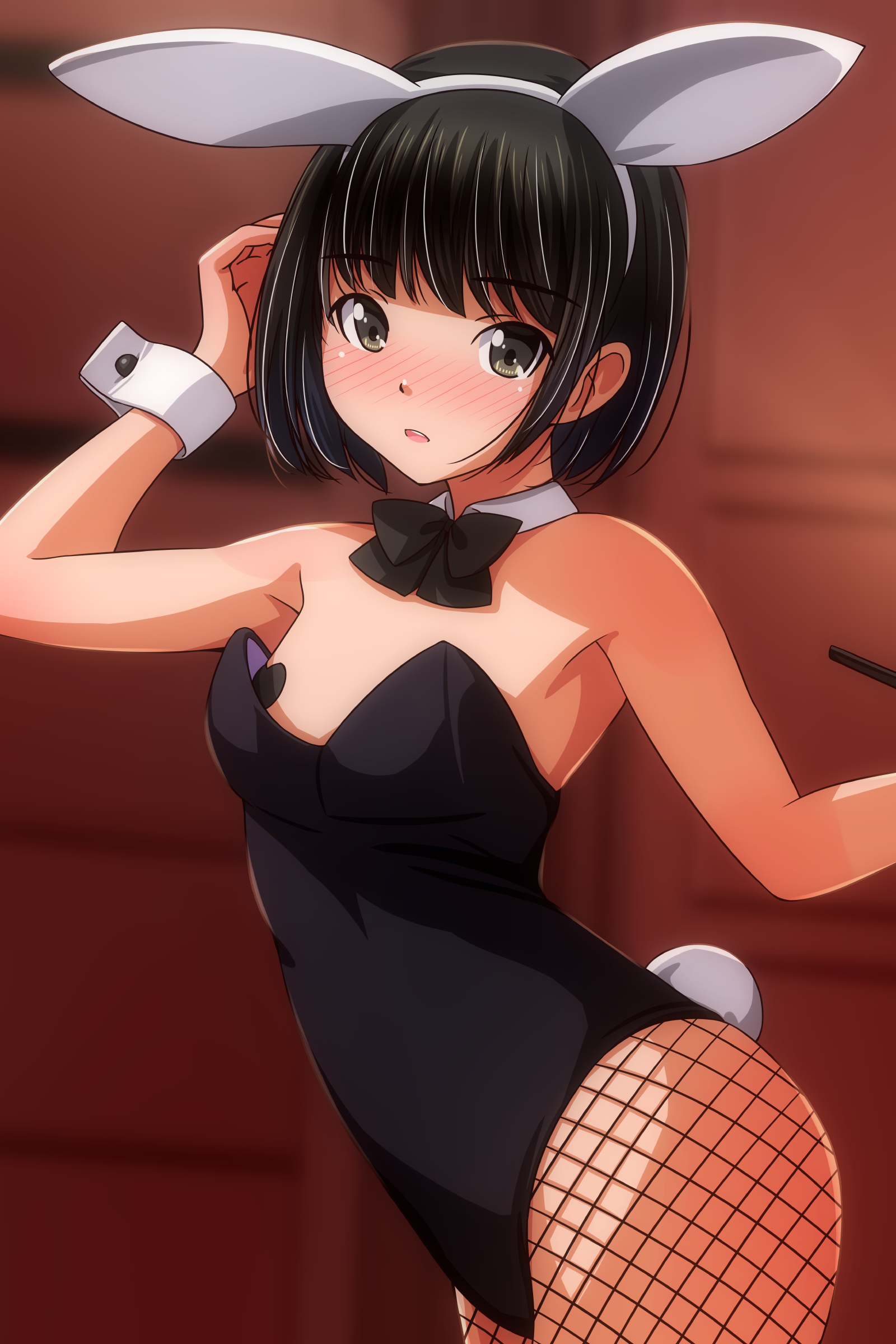 matsunaga kouyou, original, absurdres, commentary request, highres, 1girl, animal ears, black hair, blush, bow, bowtie, breasts, detached collar, fake animal ears, fishnet pantyhose, fishnets, leotard, looking at viewer, pantyhose, pasties, playboy bunny, rabbit ears, rabbit tail, short hair, small breasts, solo, tail, wrist cuffs