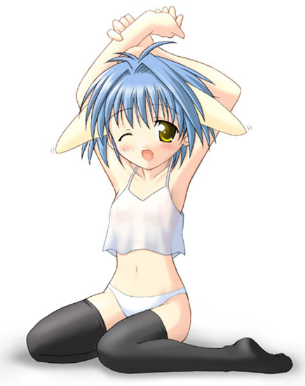 mint blancmanche, broccoli (company), galaxy angel, 00s, 1girl, animal ears, black thighhighs, blue hair, blush, camisole, female focus, full body, lingerie, looking at viewer, midriff, navel, one eye closed, panties, plantar flexion, short hair, simple background, sitting, smile, solo, stretching, thighhighs, underwear, wariza, white background, white panties, wink, yellow eyes