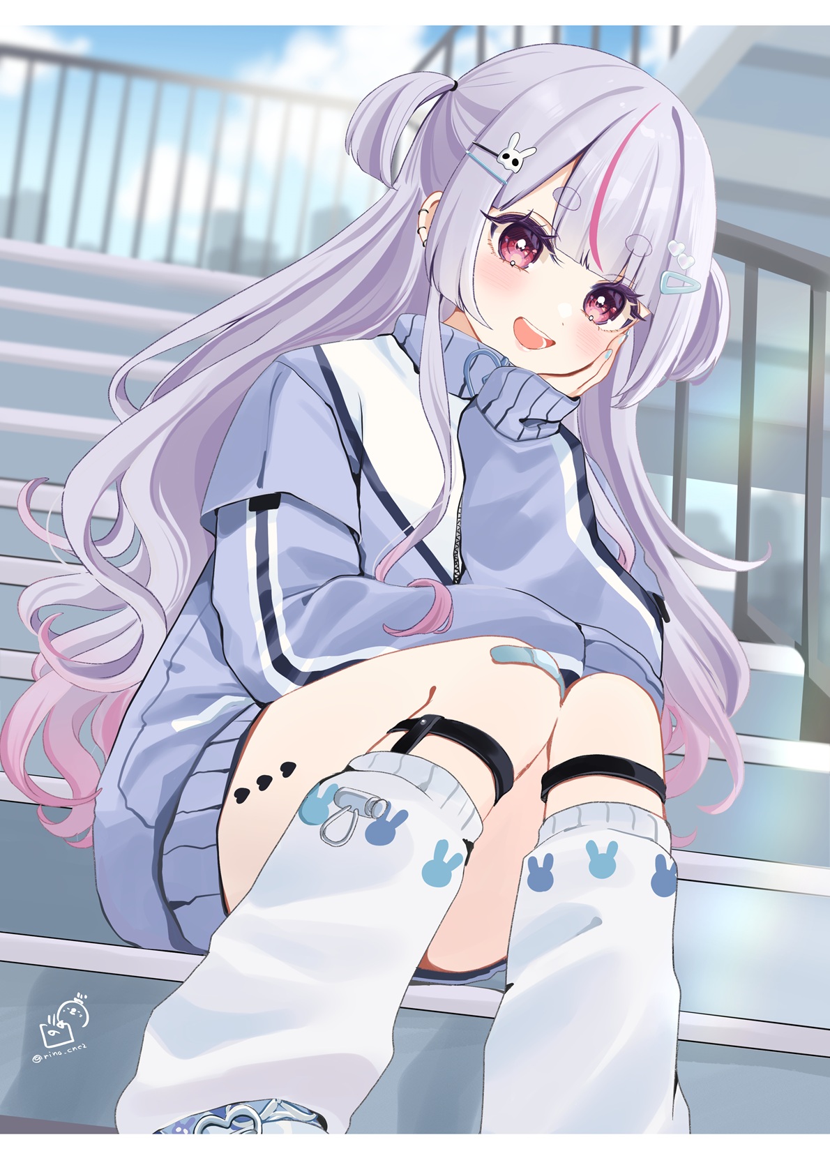 rino cnc, tosaki mimi, vspo!, commentary request, highres, 1girl, :d, blue nails, blue sky, cloud, day, feet out of frame, gradient hair, grey hair, hair ornament, hairclip, jacket, long hair, long sleeves, looking at viewer, loose socks, multicolored hair, nail polish, open mouth, outdoors, puffy long sleeves, puffy sleeves, purple hair, purple jacket, railing, red eyes, sitting, sitting on stairs, sky, sleeves past wrists, smile, socks, solo, stairs, streaked hair, track jacket, twitter username, two side up, very long hair, virtual youtuber, white socks