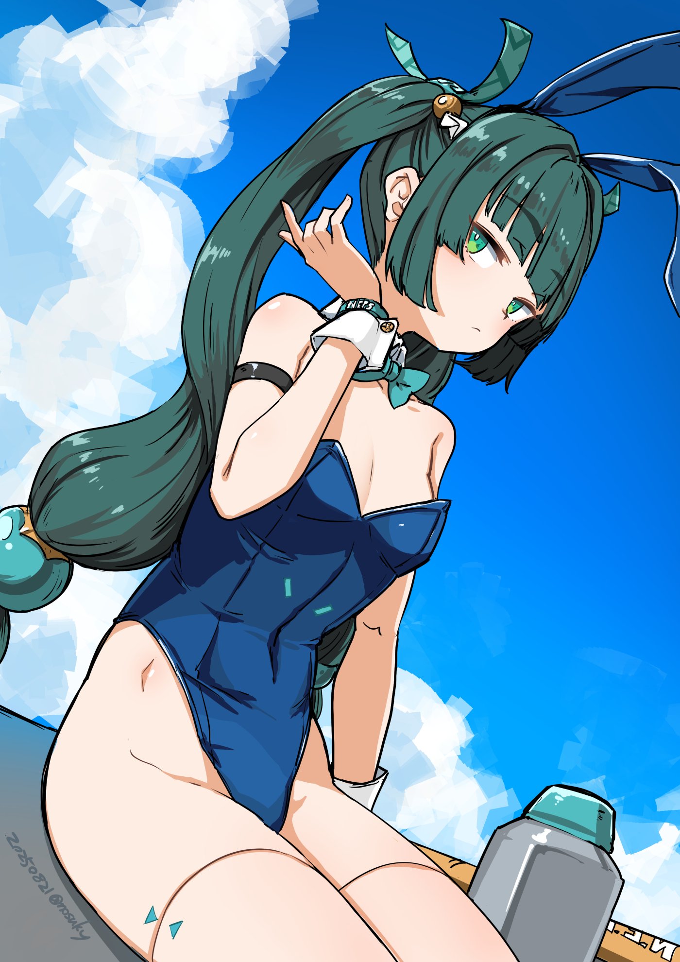nosuku, qingyi (zenless zone zero), zenless zone zero, highres, 1girl, bare shoulders, blue leotard, blush, braid, breasts, green eyes, green hair, hair ribbon, leotard, long hair, looking at viewer, playboy bunny, ribbon, sidelocks, small breasts, solo, thighs, twin braids, twintails