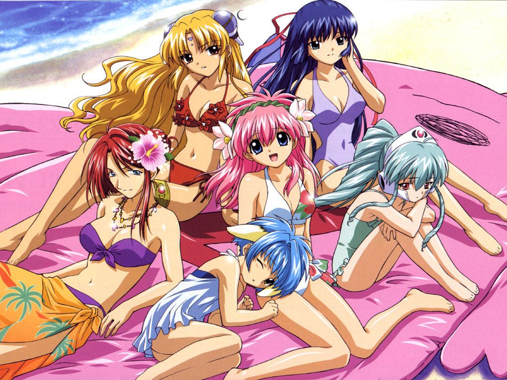 hagiya yasunari, forte stollen, karasuma chitose, milfeulle sakuraba, mint blancmanche, normad, ranpha franboise, vanilla h, broccoli (company), galaxy angel, frilled swimsuit, hand on head, duplicate, official art, official wallpaper, 00s, 6+girls, :d, ;o, = =, adjusting hair, age difference, ahoge, animal ears, aqua hair, arm support, ass, bandeau, bare shoulders, barefoot, beach, beads, bikini, blonde hair, blue eyes, blue hair, blue skirt, blush, breasts, casual one-piece swimsuit, child, cleavage, crescent, crossed arms, crossed legs, day, dress, drill hair, everyone, facial mark, feet, fetal position, flat chest, floating hair, floral print, flower, forehead mark, frills, front-tie top, gem, glint, green eyes, hair between eyes, hair bun, hair flower, hair intakes, hair ornament, hair ribbon, hairband, hairpods, halterneck, head tilt, helmet, hibiscus, hime cut, hugging own legs, jewelry, knees to chest, lap pillow, large breasts, legs, long hair, looking at viewer, lying, medium breasts, multiple girls, navel, necklace, on back, on side, one-piece swimsuit, one eye closed, open mouth, outdoors, parted bangs, pink hair, ponytail, purple eyes, reclining, red eyes, ribbon, sarong, short dress, short hair, side-tie bikini bottom, sidelocks, single hair bun, sitting, skirt, smile, swept bangs, swimsuit, thighlet, twin drills, twintails, wariza, water, wavy hair, wind, wink