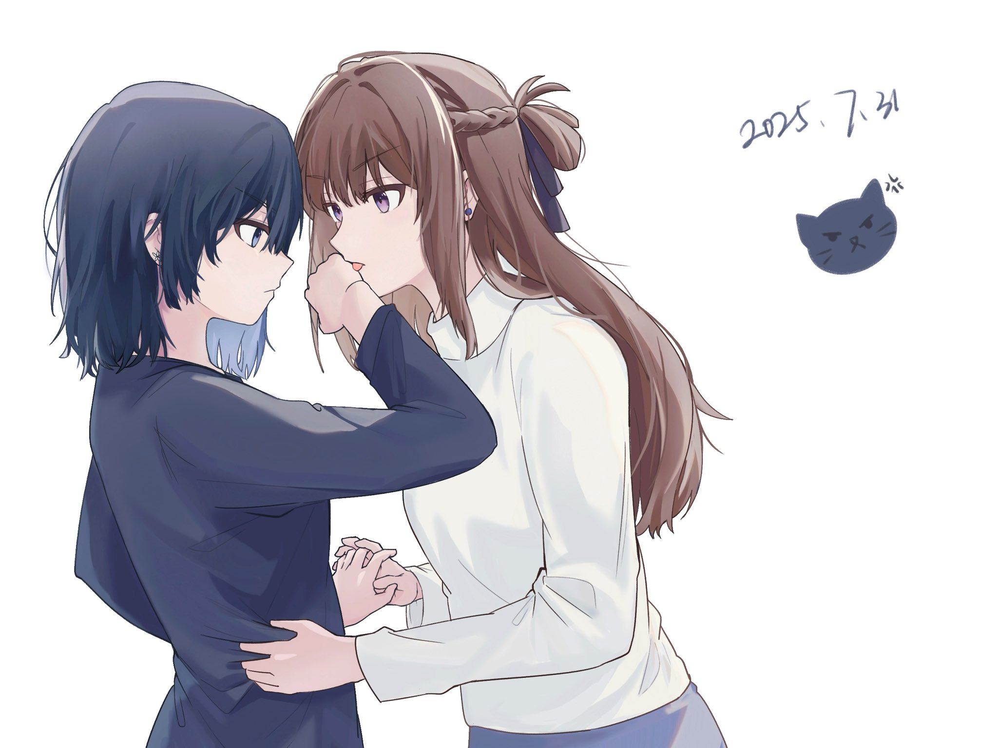 miyagi shiori, sendai hazuki, shuuniichido classmate wo kau hanashi, commentary, hashtag-only commentary, highres, 2girls, anger vein, black shirt, blue eyes, blue hair, braid, brown hair, cat, closed mouth, dated, earrings, half up braid, holding hands, interlocked fingers, jewelry, licking another's hand, long hair, long sleeves, mim120809, multiple girls, purple eyes, shirt, short hair, simple background, stud earrings, white background, white shirt, yuri