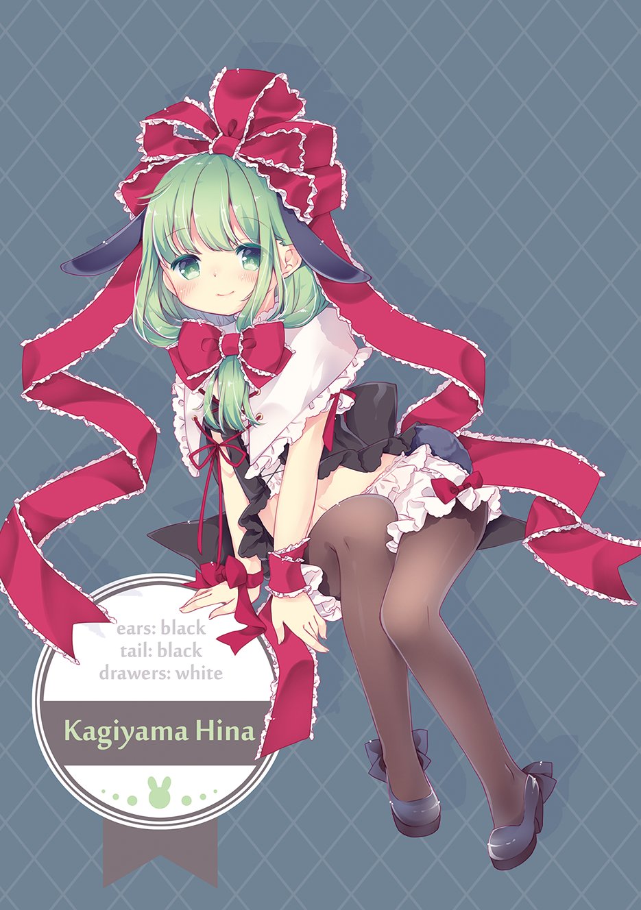 aogiri sei, kagiyama hina, touhou, highres, 1girl, animal ears, black thighhighs, bow, fake animal ears, front ponytail, green eyes, green hair, high heels, leotard, looking at viewer, playboy bunny, red bow, red ribbon, ribbon, smile, solo, thighhighs