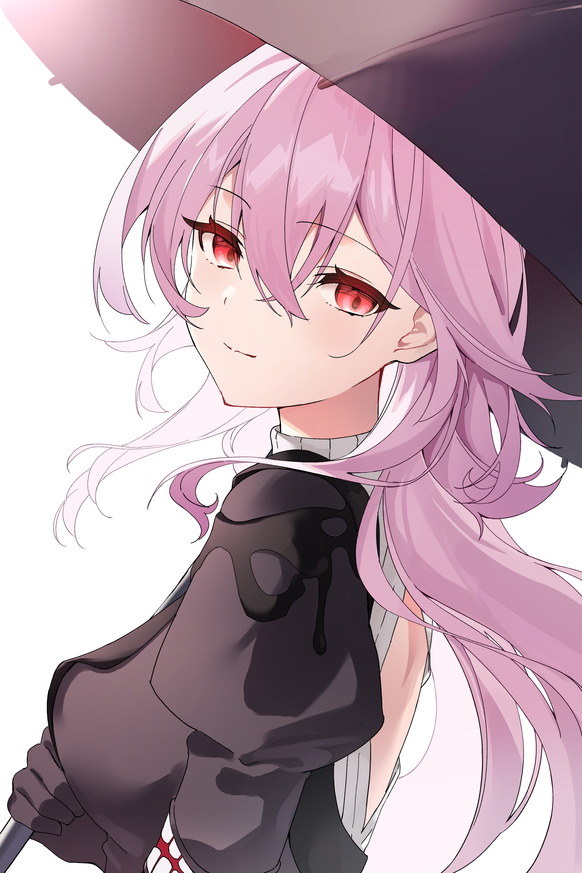 comorebi, evernight (honkai: star rail), march 7th (honkai: star rail), honkai: star rail, honkai (series), absurdres, highres, 1girl, backless outfit, black dress, black gloves, blush, breasts, dress, gloves, hat, holding, holding umbrella, large breasts, long hair, long sleeves, looking at viewer, pink hair, red eyes, simple background, solo, umbrella, upper body, white background