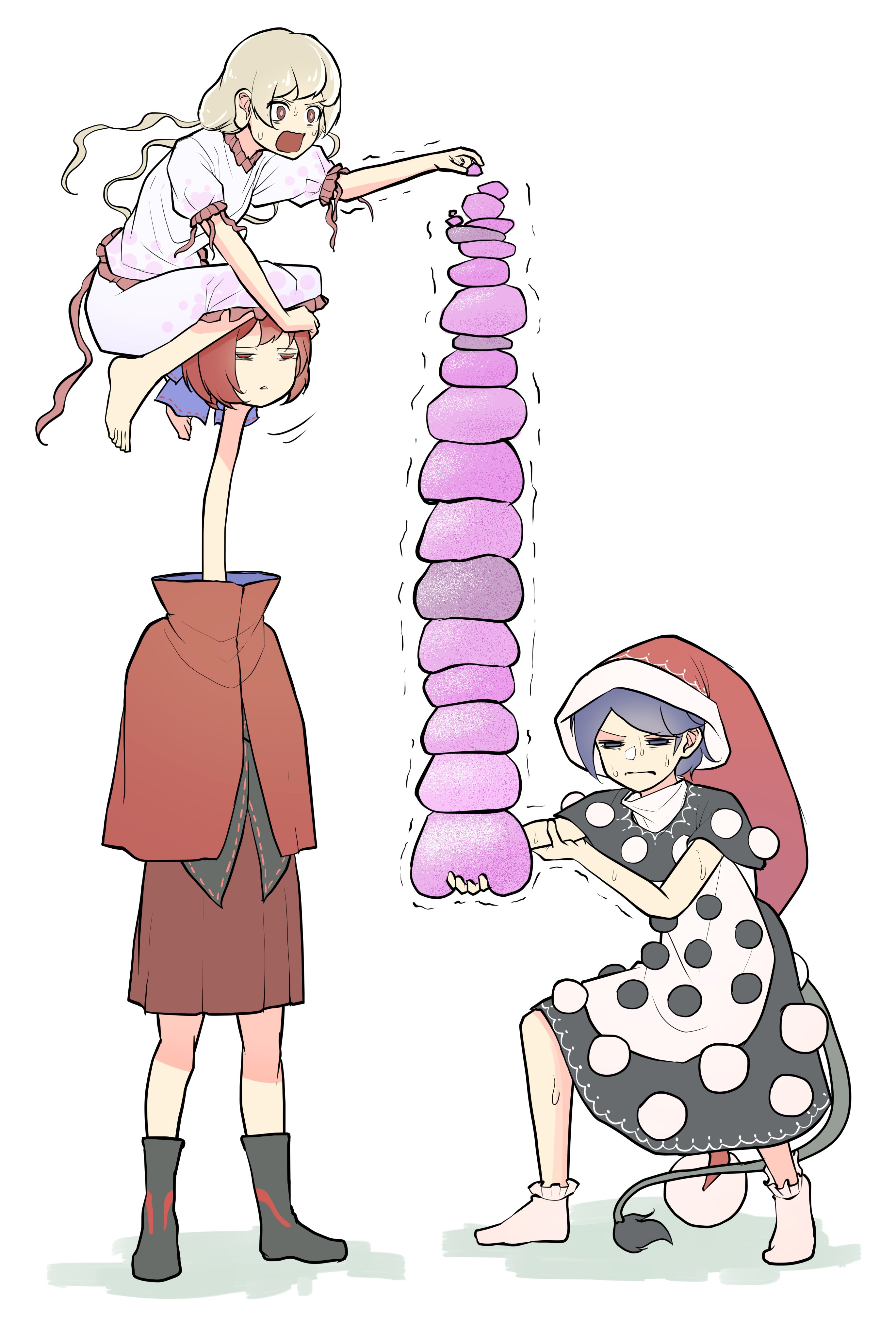 peroponesosu., doremy sweet, ebisu eika, sekibanki, touhou, absurdres, highres, 3girls, barefoot, black boots, black capelet, black dress, black shirt, blonde hair, blue eyes, blue hair, boots, brown hair, cape, capelet, dream soul, dress, frown, full body, gloom (expression), hat, long hair, long neck, medium hair, multiple girls, on head, open mouth, ox tail, person on head, red cape, red eyes, red hair, red skirt, shirt, short sleeves, sitting, sitting on head, sitting on person, skirt, socks, stack, stacking, sweat, sweatdrop, trembling, two-tone dress, white background, white dress, white shirt, white skirt, white socks