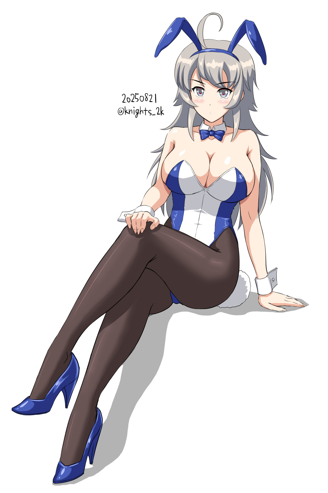 kishi nisen, washington (kancolle), kantai collection, highres, 1girl, ahoge, animal ears, bare shoulders, blue leotard, blue shoes, breasts, bunny day, cleavage, crossed legs, dated, fake animal ears, gloves, grey eyes, grey hair, high heels, large breasts, leotard, long hair, looking at viewer, multicolored leotard, pantyhose, playboy bunny, rabbit ears, shoes, sitting, smile, solo, twitter username, two-tone leotard, white background, white leotard