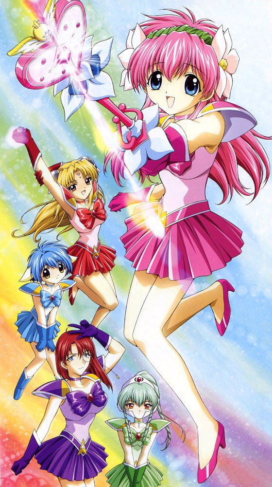 kimura masahiro, forte stollen, milfeulle sakuraba, mint blancmanche, ranpha franboise, sailor chibi moon, sailor moon, vanilla h, bishoujo senshi sailor moon, broccoli (company), galaxy angel, megami (magazine), blue footwear, official art, 5girls, blonde hair, blue eyes, blue hair, blue skirt, boots, breasts, brown eyes, cosplay, dress, everyone, flower, green hair, hair flower, hair ornament, large breasts, long hair, looking at viewer, magical girl, mahoushoujo, miniskirt, monocle, multiple girls, open mouth, orange hair, parody, pink hair, rainbow background, red eyes, red hair, sailor chibi moon (cosplay), sailor moon (cosplay), sailor senshi, sailor senshi (cosplay), school uniform, serafuku, shoes, short dress, short hair, skirt, smile, wand, yellow eyes