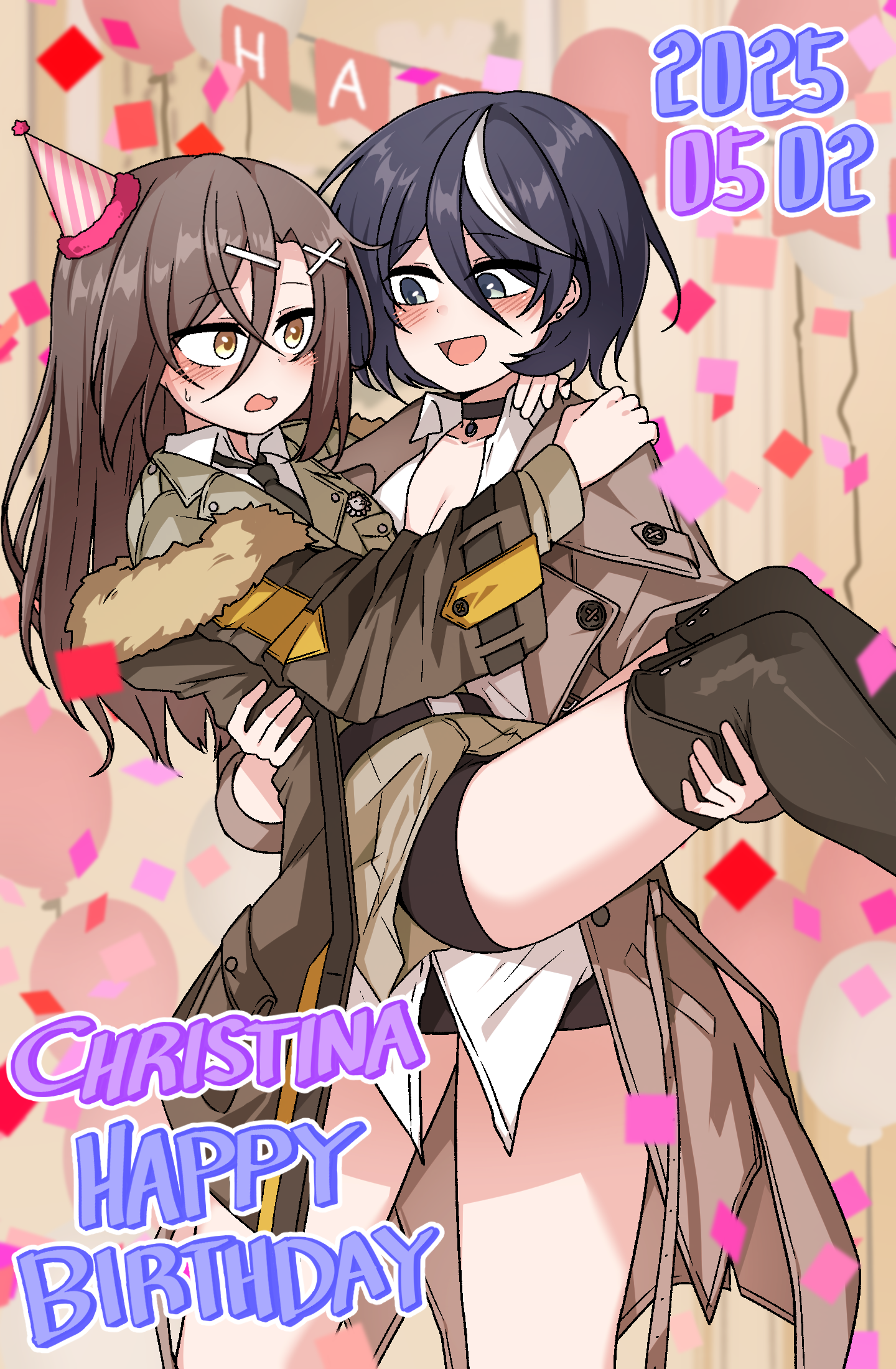 feelition, christina brecht, counter:side, character request, commission, highres, 2girls, black boots, black hair, black necktie, boots, breasts, brown hair, brown jacket, carrying, grey eyes, hair between eyes, jacket, large breasts, long hair, multiple girls, necktie, princess carry, shirt, thigh boots, thighs, white shirt, yellow eyes, yuri