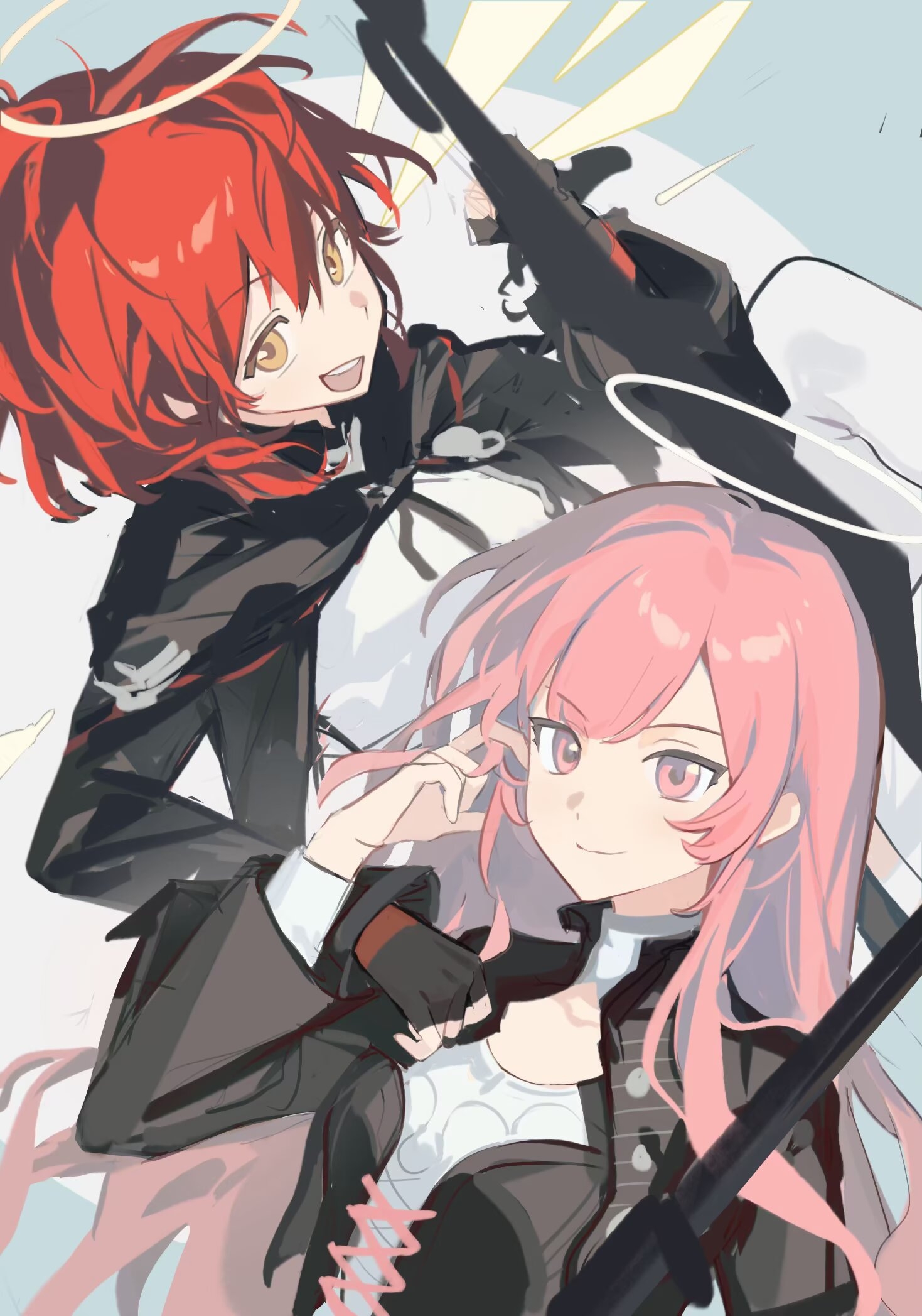 second (byou), exusiai (arknights), lemuen (arknights), arknights, chinese commentary, commentary request, highres, unfinished, 2girls, :d, arm up, black gloves, black jacket, closed mouth, fingerless gloves, gloves, hair between eyes, halo, hand in own hair, jacket, long hair, long sleeves, looking at viewer, multiple girls, open mouth, pink eyes, pink hair, red hair, short hair, smile, traditional halo, white halo, yellow eyes, yellow halo