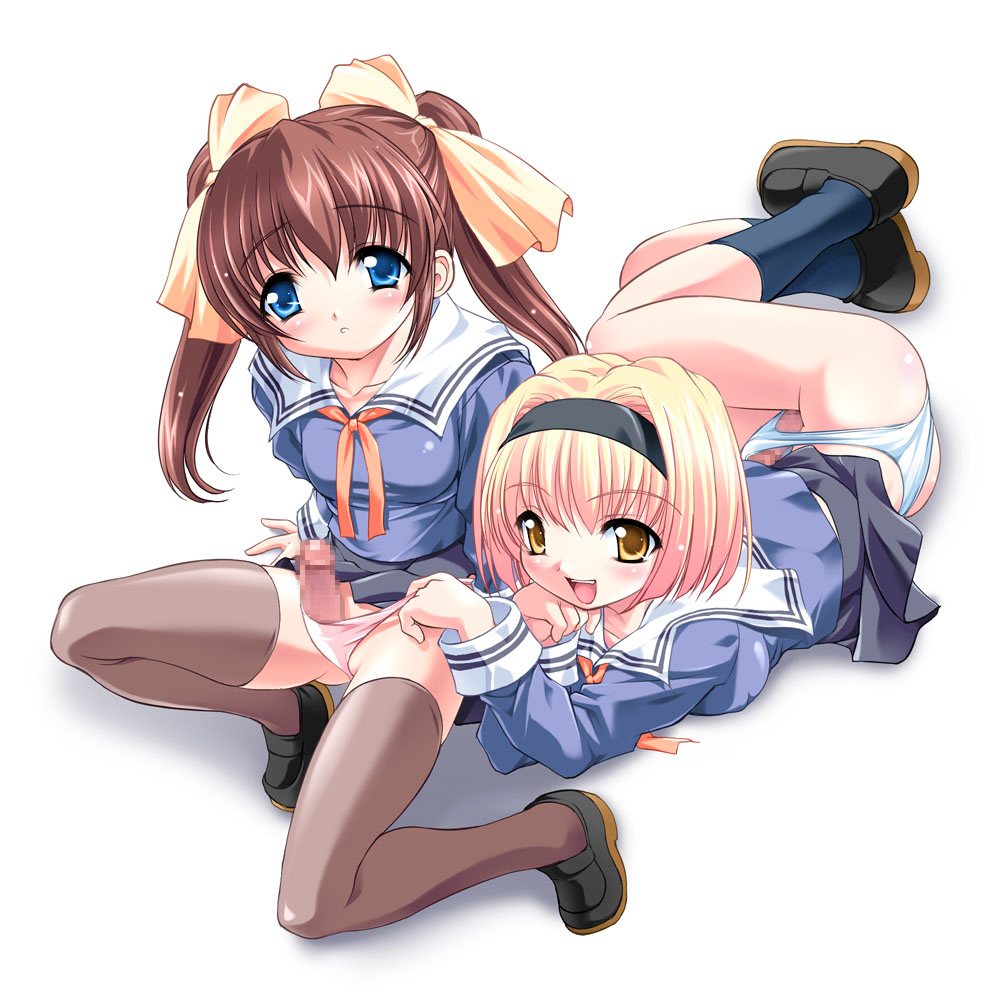 sorimura youji, 2futa, black socks, black thighhighs, blonde hair, blouse, blue shirt, blue socks, blush, breasts, bulge, censored, clothes lift, erection, erection under clothes, futanari, hair ribbon, hairband, head rest, kneehighs, looking at viewer, miniskirt, mosaic censoring, multiple futa, open mouth, panties, penis, pink panties, ribbon, school uniform, serafuku, shirt, shoes, short hair, simple background, sitting, skirt, skirt lift, small breasts, socks, thighhighs, twintails, underwear, white background, white panties