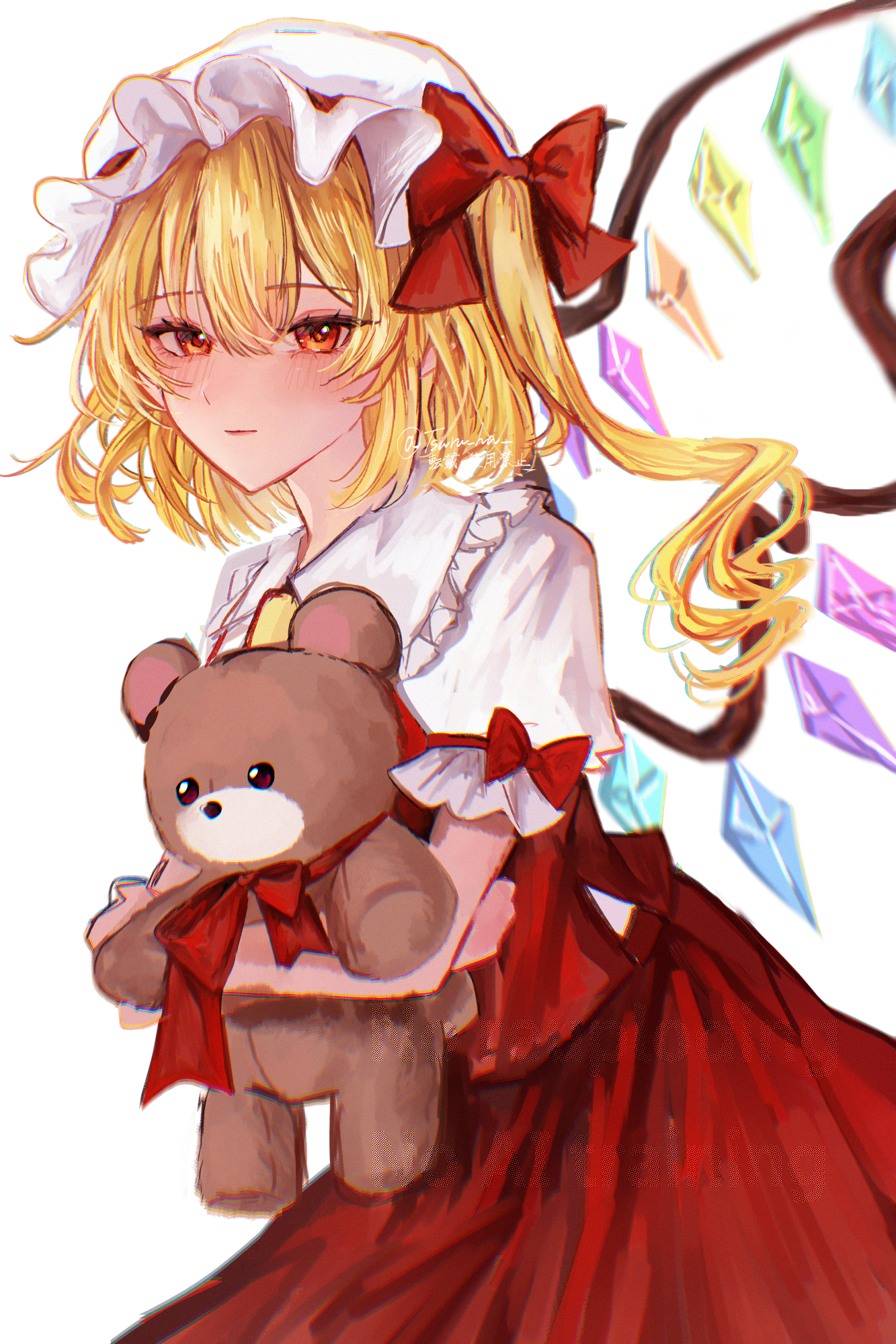 annin cha, flandre scarlet, touhou, highres, 1girl, ascot, blonde hair, closed mouth, cowboy shot, crystal, crystal wings, hat, holding, holding stuffed toy, looking at viewer, mob cap, puffy short sleeves, puffy sleeves, red eyes, red skirt, red vest, short sleeves, side ponytail, simple background, skirt, solo, stuffed animal, stuffed toy, teddy bear, vest, white background, wings, yellow ascot