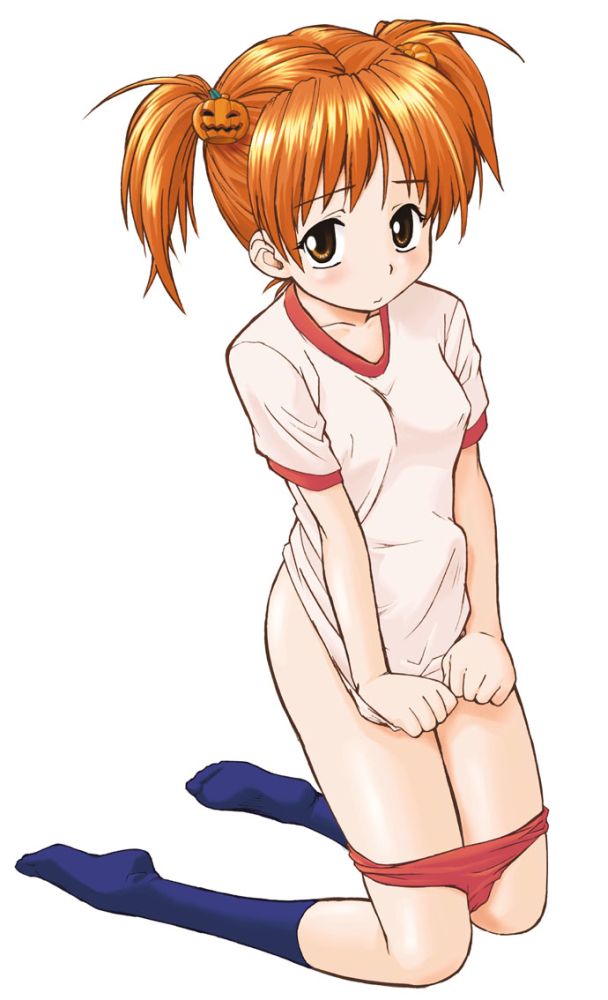 hinemosu notari, matilda matisse, shaman king, brown eyes, bulge, buruma, buruma pull, covering crotch, covering privates, erection, feet, futanari, gym uniform, hair ornament, hairclip, no panties, orange hair, pumpkin, socks, solo, twintails