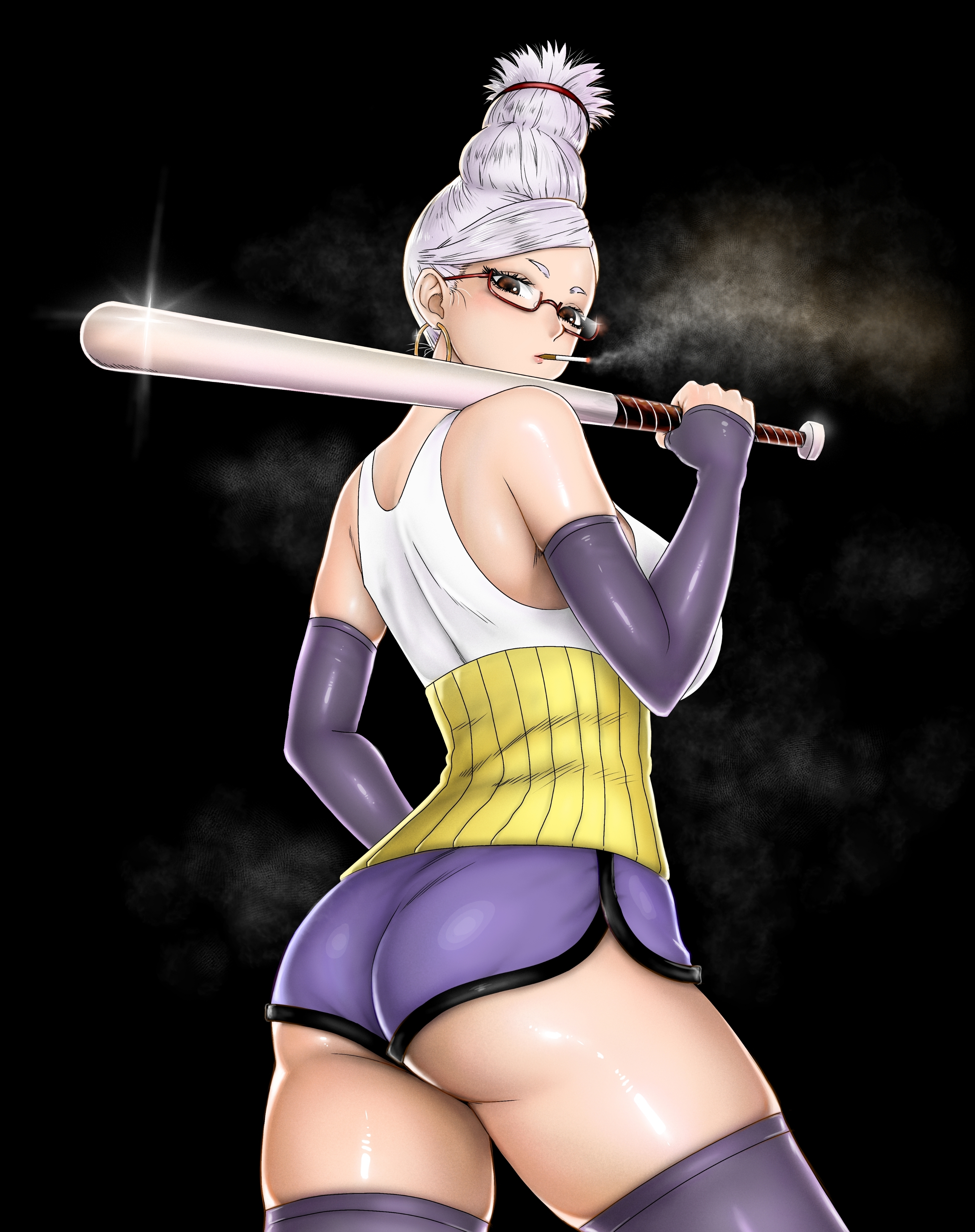 carlx945380, ayase seiko, dandadan, absurdres, highres, 1girl, artist name, ass, bare shoulders, baseball bat, baseball cap, beehive hairdo, breasts, brown eyes, cigarette, cowboy shot, dark background, detached sleeves, dolphin shorts, earrings, from side, glasses, grey hair, haramaki, hat, holding, holding baseball bat, hoop earrings, jewelry, large breasts, looking at viewer, mature female, purple shorts, purple sleeves, purple thighhighs, red-framed eyewear, semi-rimless eyewear, shiny skin, shirt, short shorts, shorts, simple background, sleeveless, sleeveless shirt, smoke, smoking, solo, tall hair, thighhighs, under-rim eyewear