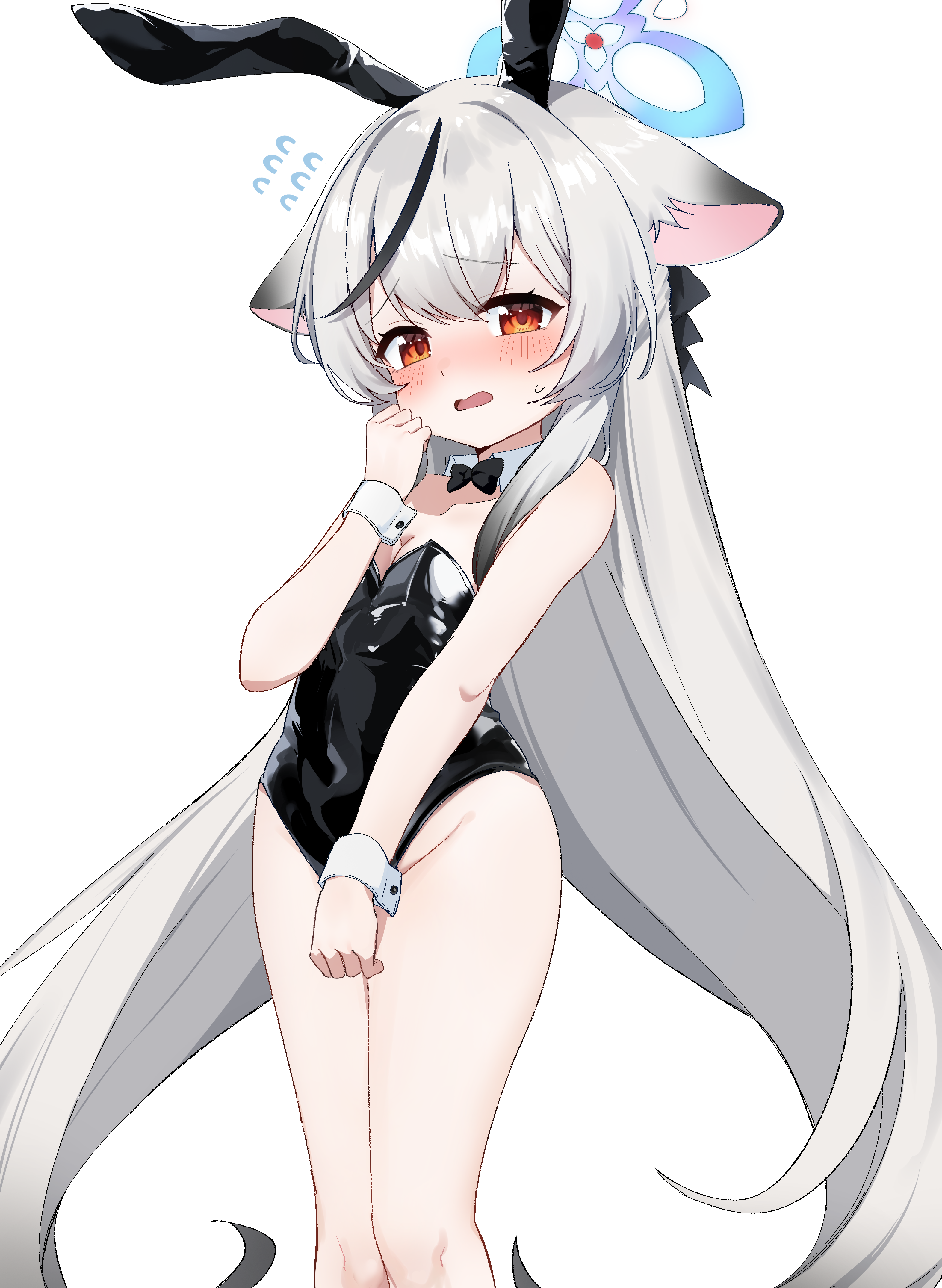 koroyarou, kokona (blue archive), blue archive, absurdres, highres, 1girl, animal ears, black hair, black leotard, blush, grey hair, halo, leotard, long hair, multicolored hair, playboy bunny, rabbit ears, simple background, solo, strapless, strapless leotard, streaked hair, white background