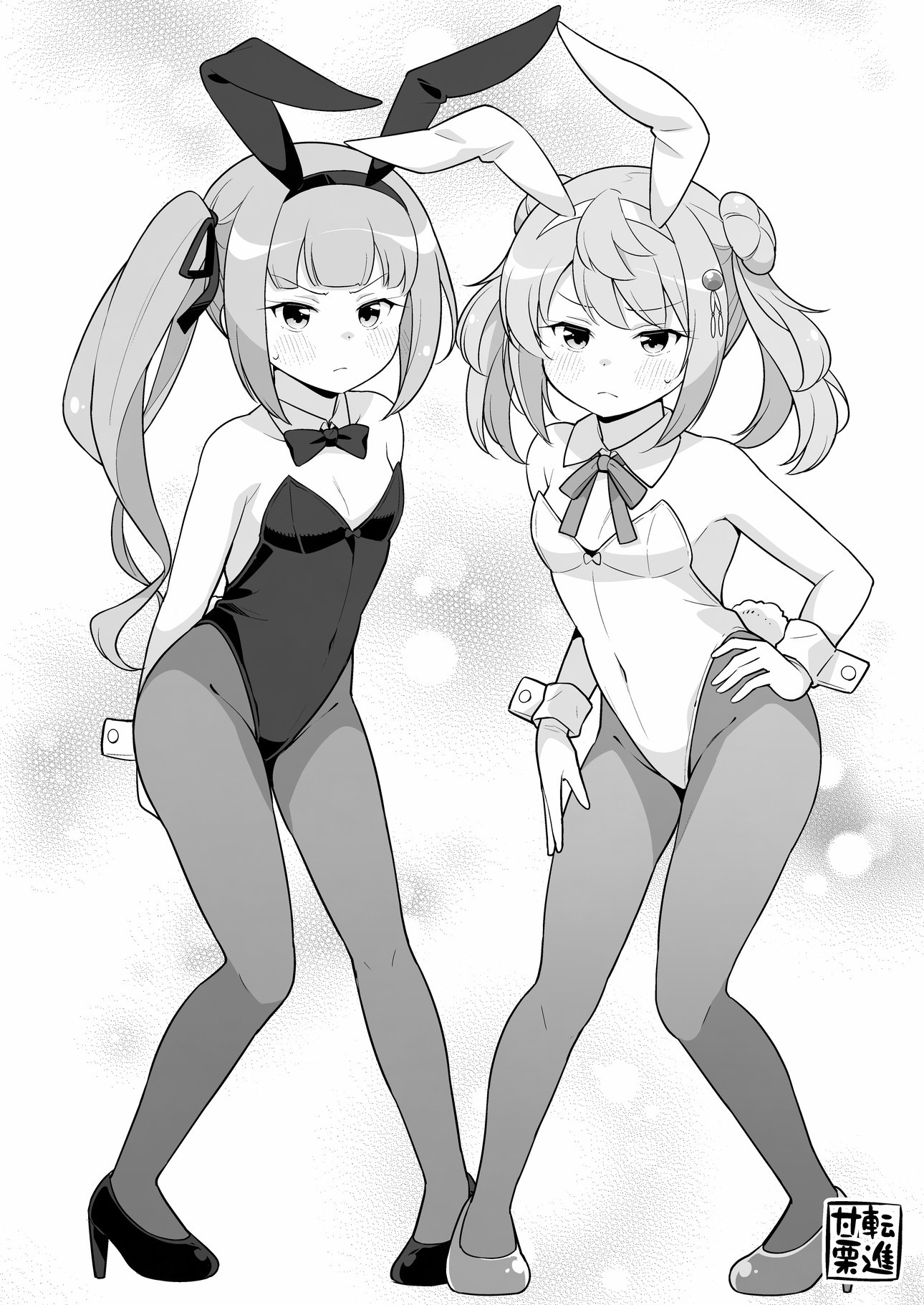 tenshin amaguri (inobeeto), kasumi (kancolle), michishio (kancolle), kantai collection, commentary request, highres, >:(, 2girls, alternate costume, animal ears, artist logo, bare shoulders, blush, bow, bowtie, breasts, closed mouth, covered groin, covered navel, detached collar, double bun, fake animal ears, full body, greyscale, hair bun, hair ribbon, hairband, hand on own hip, high heels, leotard, logo, long hair, looking at viewer, monochrome, multiple girls, pantyhose, playboy bunny, rabbit ears, rabbit tail, ribbon, shoes, short twintails, side ponytail, small breasts, small sweatdrop, strapless, strapless leotard, sweat, tail, traditional bowtie, twintails, v-shaped eyebrows, very long hair, white background, wing collar, wrist cuffs