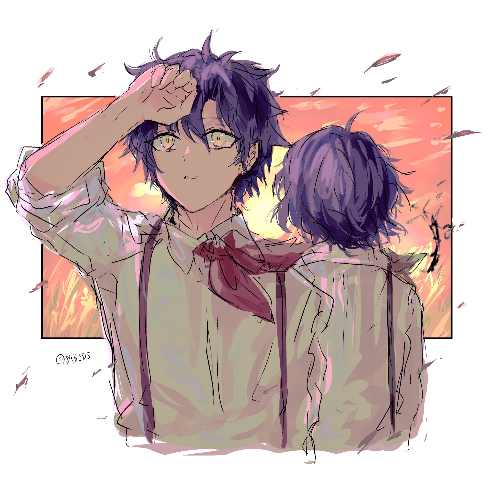 sodamachi, mana walker, d.gray-man, highres, 2boys, border, brothers, collared shirt, facing away, falling petals, floating clothes, floating hair, hair between eyes, hand up, long sleeves, looking up, male focus, messy hair, multiple boys, nea d campbell, neckerchief, noah (d.gray-man), orange sky, outside border, parted lips, petals, purple hair, red neckerchief, shirt, short hair, siblings, sidelocks, signature, sky, sleeves rolled up, sunset, suspenders, twins, twitter username, wheat, wheat field, white border, white shirt, yellow eyes