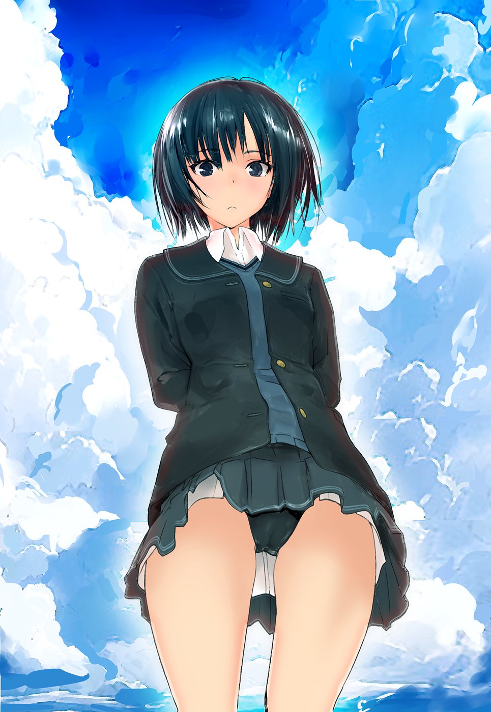 kawagishi keitarou, nanasaki ai, amagami, commentary request, highres, 1girl, arms behind back, black eyes, black hair, black jacket, black panties, black sailor collar, blazer, blue sweater, cameltoe, closed mouth, cloud, cloudy sky, collared shirt, day, from below, gluteal fold, grey skirt, horizon, jacket, kibito high school uniform, long sleeves, looking at viewer, looking down, microskirt, ocean, outdoors, panties, pantyshot, pleated skirt, sailor collar, school uniform, shirt, shirt peek, short hair, skirt, sky, solo, standing, sweater, thighs, underwear, white shirt, winter uniform