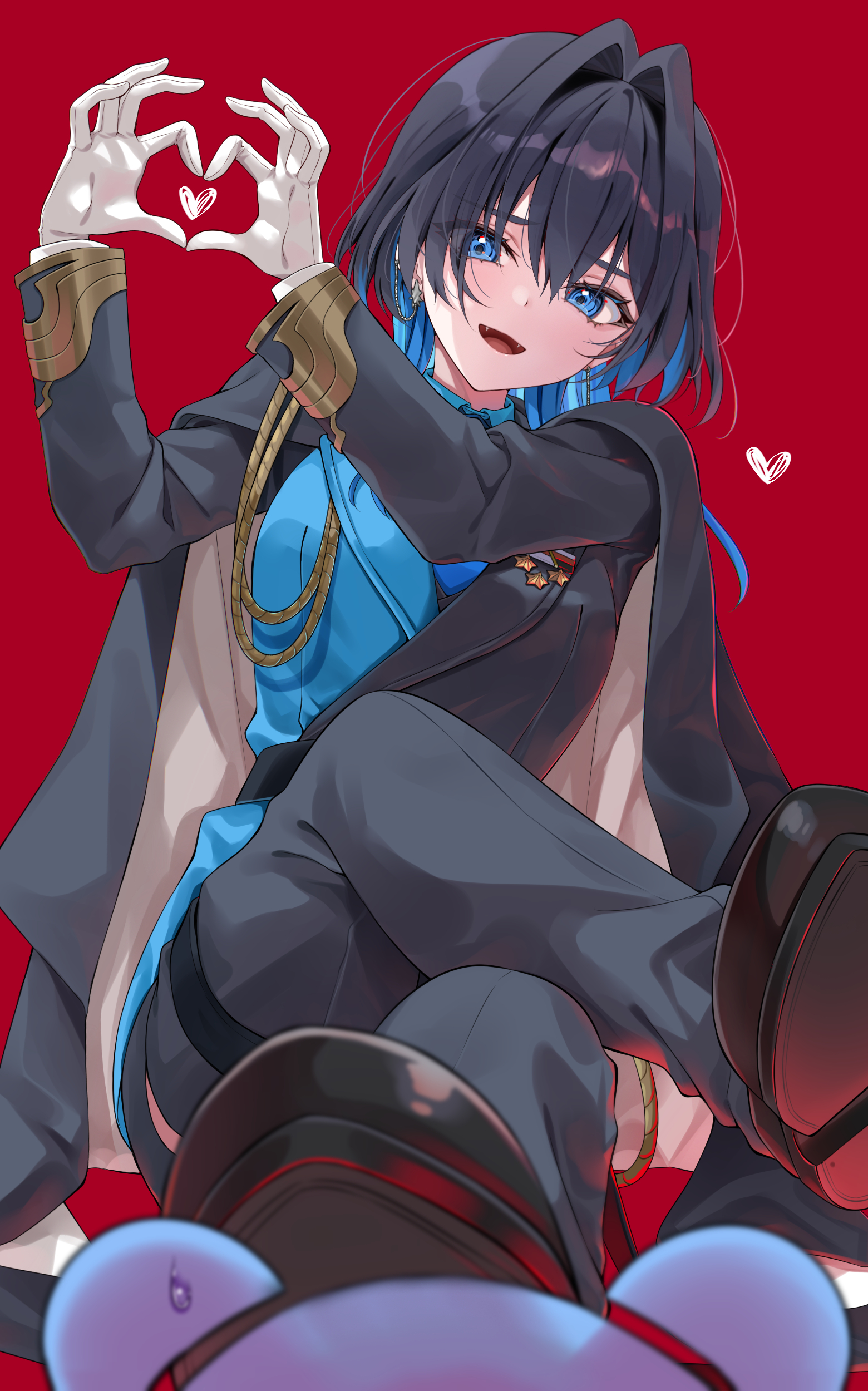 mogu (au1127), kronie (ouro kronii), ouro kronii, ouro kronii (4th costume), hololive, hololive english, absurdres, commentary, highres, symbol-only commentary, 1girl, :d, black coat, black hair, black jacket, black pants, blue eyes, blue hair, blue jacket, blue shirt, blurry, blurry foreground, coat, coat on shoulders, collared shirt, colored inner hair, fangs, four-finger heart hands, gloves, hair between eyes, hair intakes, heart, heart hands, jacket, looking at viewer, medium hair, military jacket, military uniform, multicolored hair, multicolored jacket, official alternate costume, official alternate hairstyle, open mouth, pants, red background, shirt, simple background, smile, solo, two-tone hair, two-tone jacket, virtual youtuber, white gloves, wolf cut