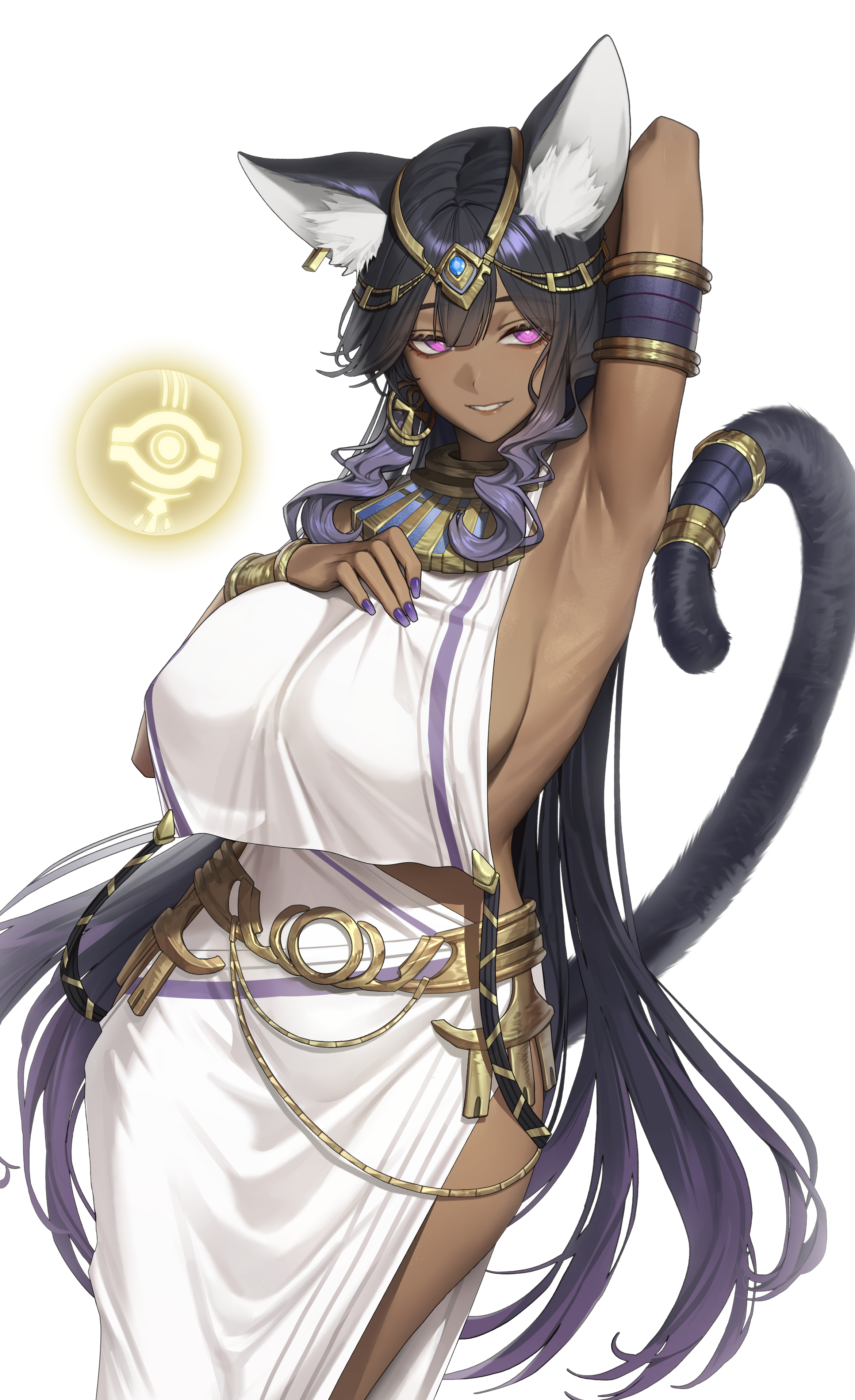 veksoo, bastet (mythology), egyptian mythology, original, absurdres, commentary, highres, 1girl, ancient egyptian clothes, animal ear fluff, animal ears, ankh, ankh earrings, arm behind head, arm up, armlet, armpits, black hair, breasts, cowboy shot, dark-skinned female, dark skin, earrings, forehead jewel, huge breasts, jewelry, long hair, nail polish, parted lips, pelvic curtain, pink eyes, presenting armpit, purple nails, sideboob, sideless outfit, simple background, smile, solo, tail, tail ornament, tail ring, tsurime, very long hair, white background
