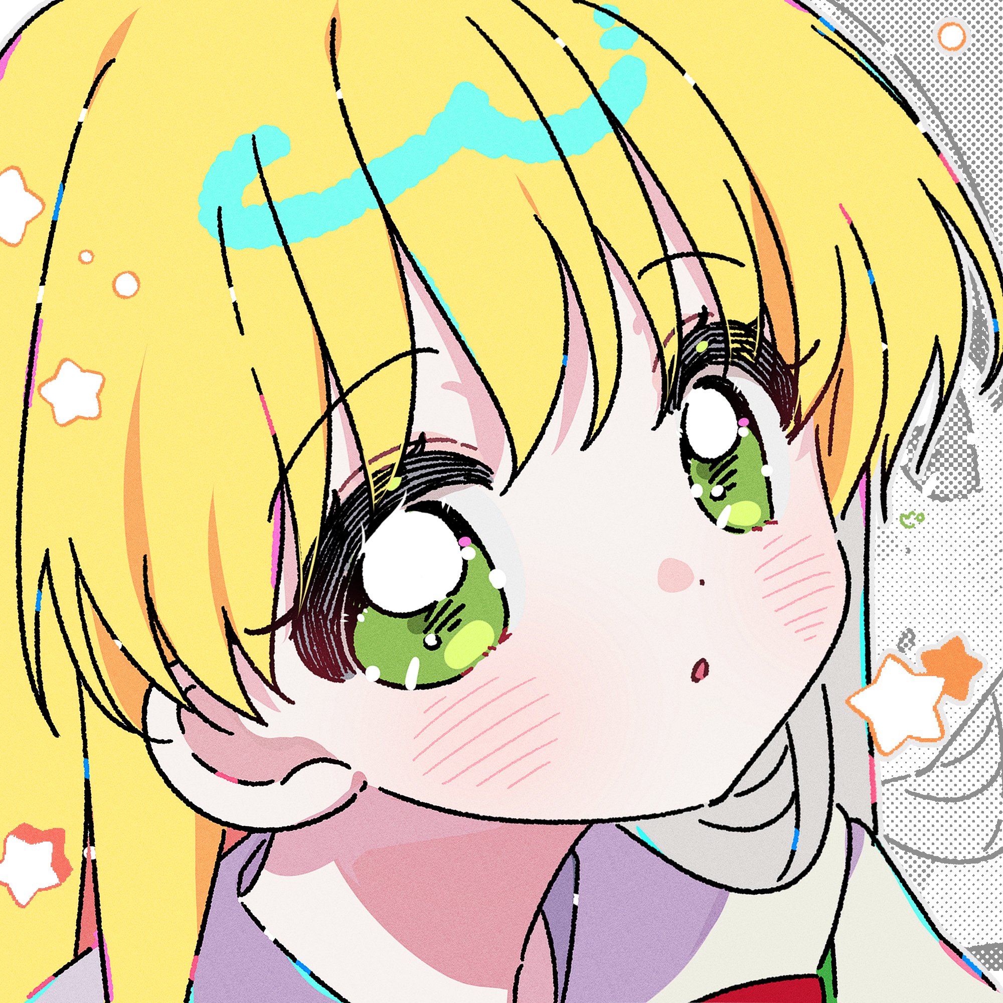 yalmyu, character request, commentary, copyright request, highres, symbol-only commentary, 1girl, :o, blonde hair, blush, green eyes, grey outline, long hair, looking at viewer, open mouth, outline, portrait, shirt, solo, star (symbol), white shirt