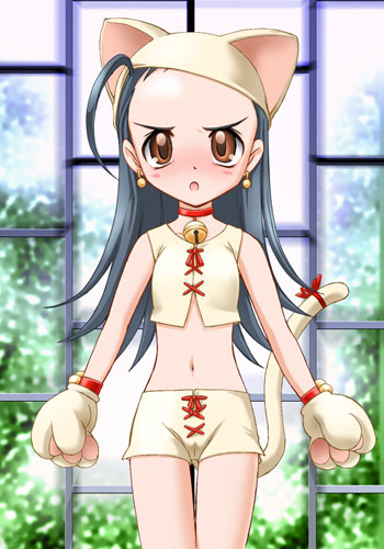 yucie, puchi puri yucie, lowres, 00s, animal ears, animal hands, bell, blue hair, blush, brown eyes, cat ears, cat tail, collar, earrings, jewelry, jingle bell, long hair, midriff, neck bell, tail