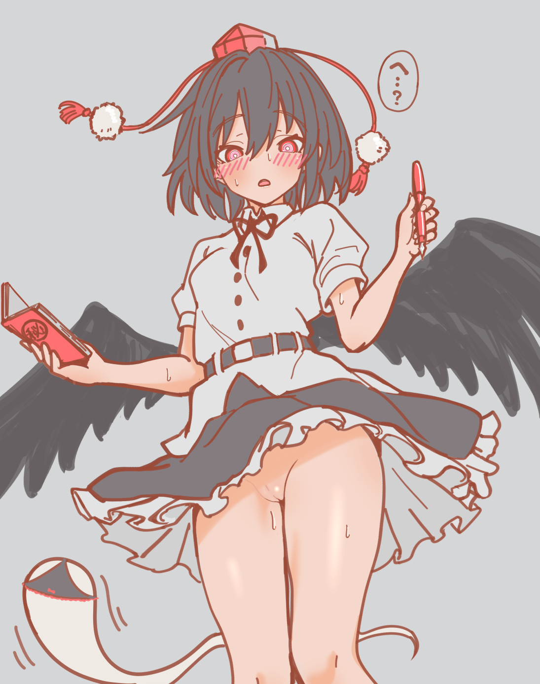 soara shimomo, shameimaru aya, touhou, highres, 1girl, black hair, black panties, black skirt, black wings, blush, book, breasts, camera, geta, ghost, grey background, hat, hauchiwa, holding, holding book, looking at viewer, medium breasts, medium hair, no panties, open mouth, panties, pussy, red eyes, red hat, shirt, short sleeves, simple background, skirt, solo, tengu-geta, tokin hat, underwear, white shirt, wings