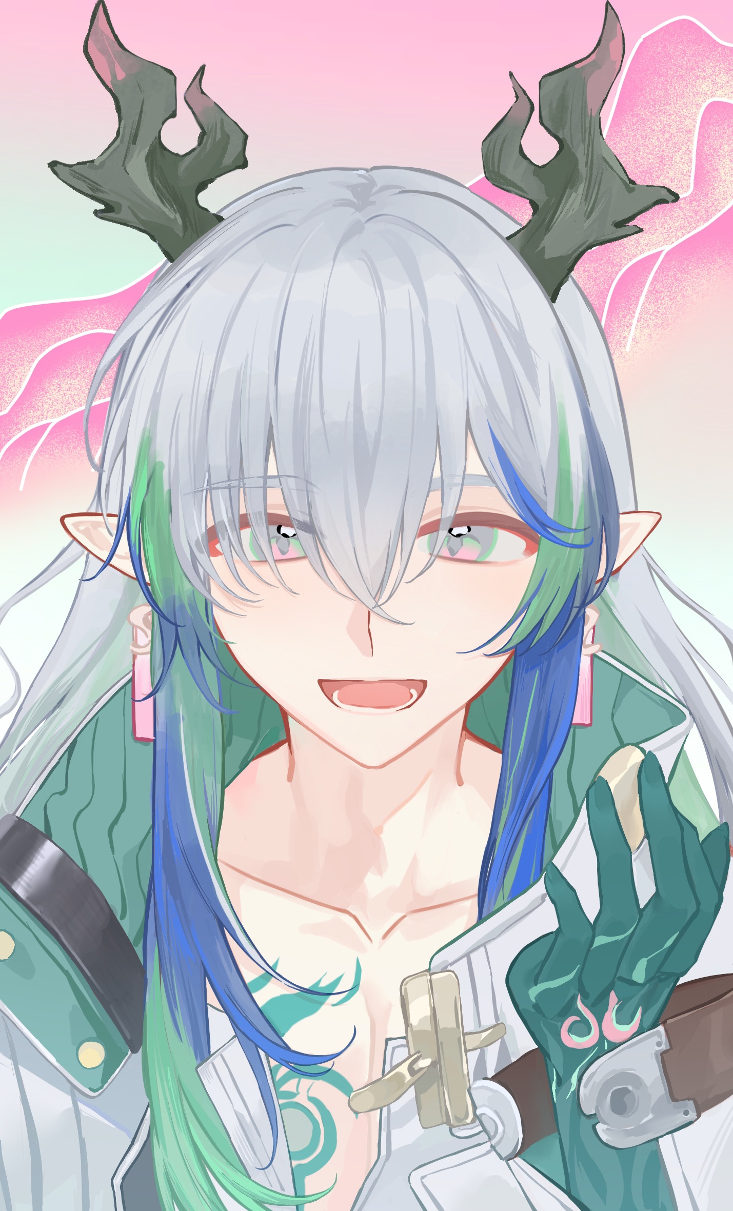 tang cu caihong, arknights, chinese commentary, commentary request, highres, 1boy, :d, black horns, blue hair, collarbone, colored extremities, earrings, green hair, grey eyes, grey hair, hair between eyes, hair over one eye, horns, jewelry, long hair, looking at viewer, lower teeth only, male focus, multicolored hair, open mouth, pink background, pink eyes, pointy ears, portrait, smile, solo, teeth, yi (arknights)