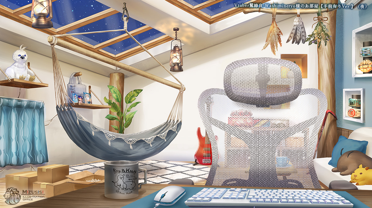 mizushishi, indie virtual youtuber, official art, bag, box, broken wall, cactus, cardboard box, chair, coffee table, computer keyboard, computer mouse, copyright notice, couch, crowbar, cup, curtains, cushion, drawer, flower, gaming chair, guitar, hammock, hanging flower, hanging light, herb bundle, indoors, instrument, kerosene lamp, mug, night, no humans, photo (object), plant, plume, potted plant, radio, rug, saucer, scenery, shelf, sky, skylight, star (sky), starry sky, stuffed animal, stuffed bird, stuffed toy, swivel chair, table, tote bag, washimineryo, wheat, wooden floor