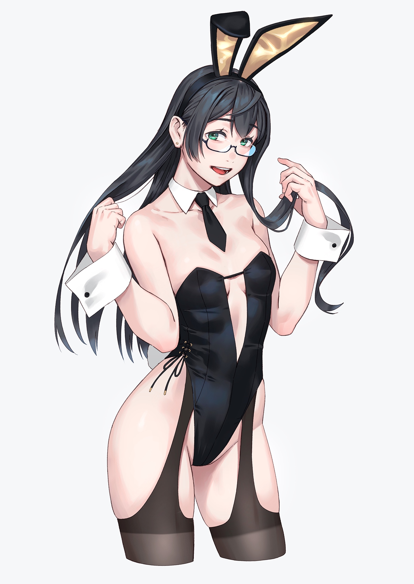 yuuji (and), ooyodo (kancolle), kantai collection, highres, 1girl, alternate costume, animal ears, bare shoulders, black garter straps, black hair, black leotard, black thighhighs, blush, cowboy shot, cropped legs, detached collar, fake animal ears, garter straps, glasses, green eyes, hairband, highleg, leotard, long hair, looking at viewer, necktie, open mouth, playboy bunny, rabbit ears, rabbit tail, semi-rimless eyewear, simple background, smile, solo, standing, strapless, strapless leotard, tail, thighhighs, under-rim eyewear