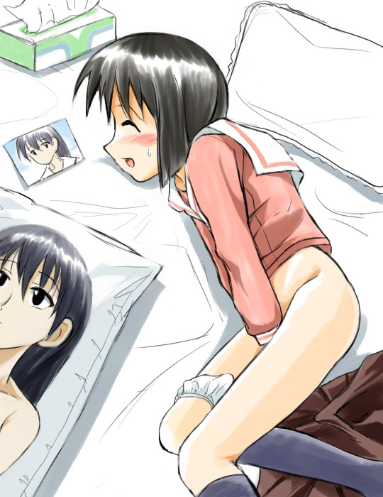 mutsuki raimu, kaori (azumanga daioh), sakaki (azumanga daioh), azumanga daiou, 1girl, black hair, black socks, blush, bob cut, bottomless, dakimakura (object), female focus, female masturbation, fingering, kneehighs, lying, masturbation, on side, panties, panties around leg, panty pull, photo (object), pillow, school uniform, serafuku, socks, solo, underwear, white panties, yuri