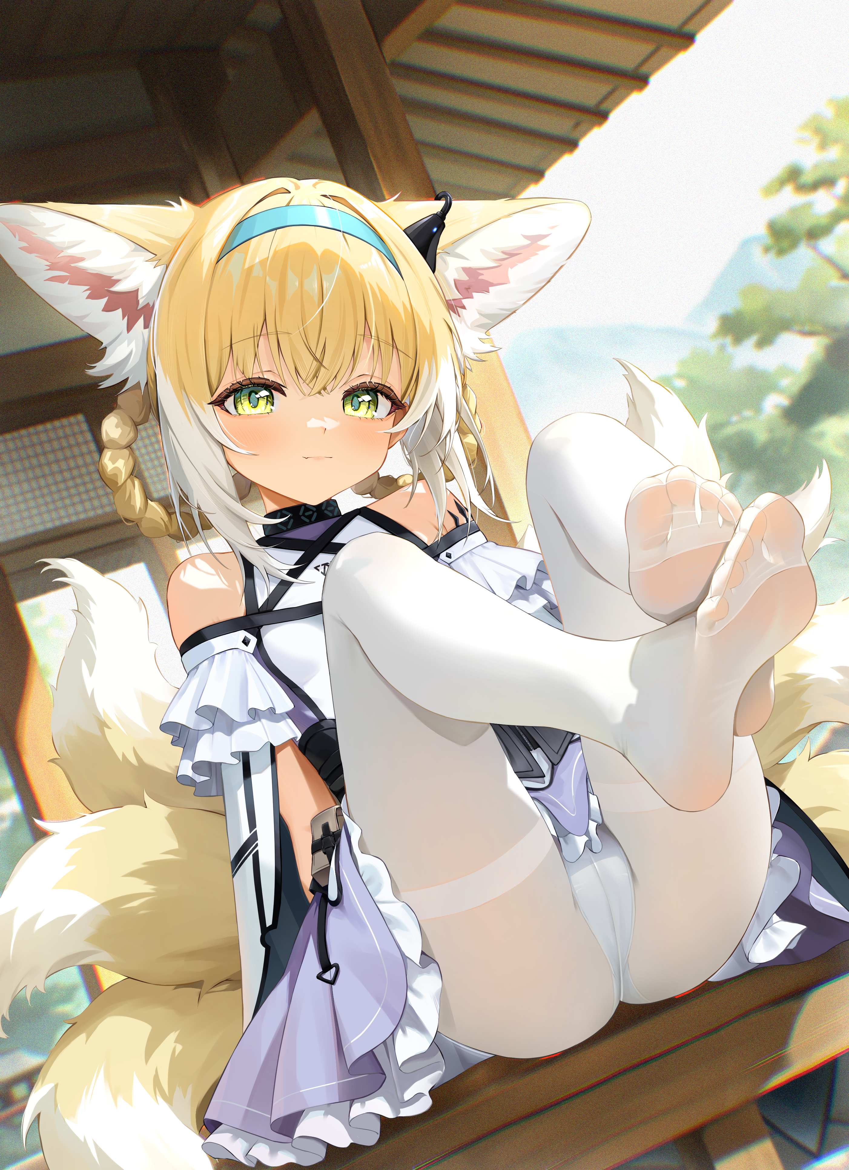 radoremo, suzuran (arknights), arknights, absurdres, highres, 1girl, animal ear fluff, animal ears, arm support, blonde hair, braid, closed mouth, day, dress, flower, fox ears, fox tail, green eyes, indoors, kitsune, light smile, lily of the valley, looking at viewer, mountain, multicolored hair, multiple tails, no shoes, on table, panties, pantyhose, sitting, smile, soles, solo, table, tail, toes, tree, twin braids, two-tone hair, underwear, white dress, white hair, white panties, white pantyhose