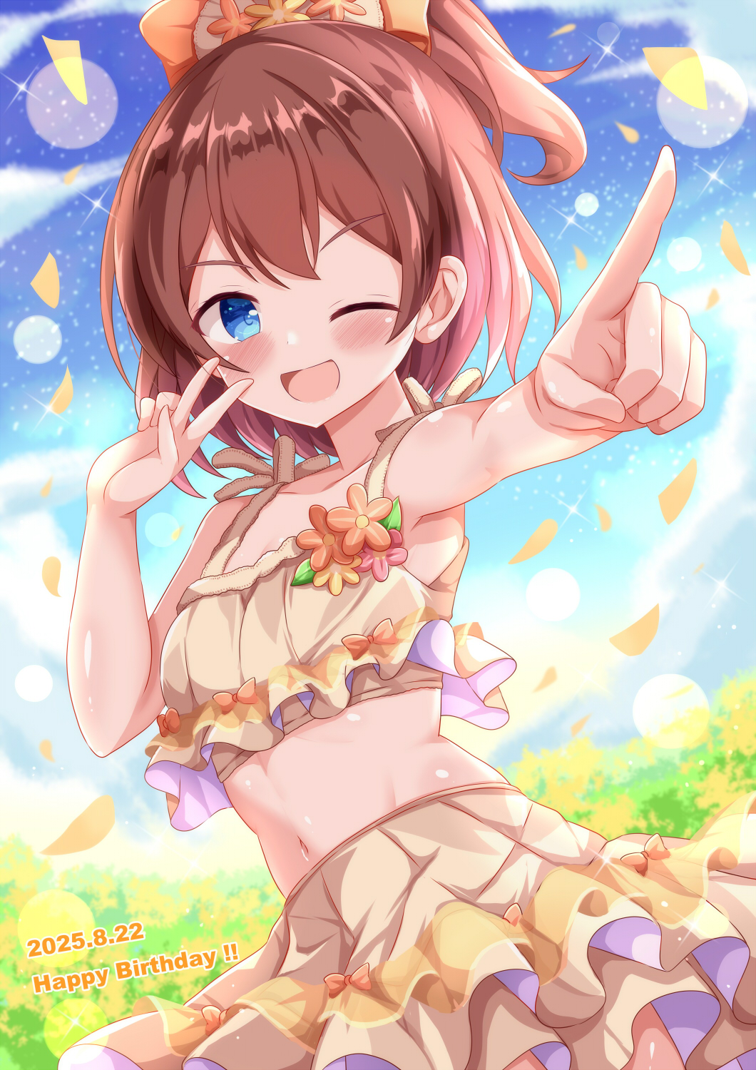 xenon (for achieve), hinata chinatsu, ongeki, commentary request, highres, 1girl, ;d, bare arms, blue eyes, blue sky, blurry, blurry background, blush, bow, brown hair, cloud, dated, depth of field, hair bow, happy, happy birthday, leaf, looking at viewer, midriff, navel, one eye closed, open mouth, orange bow, orange shirt, orange skirt, outdoors, pointing, pointing at viewer, shirt, short hair, skirt, sky, smile, solo