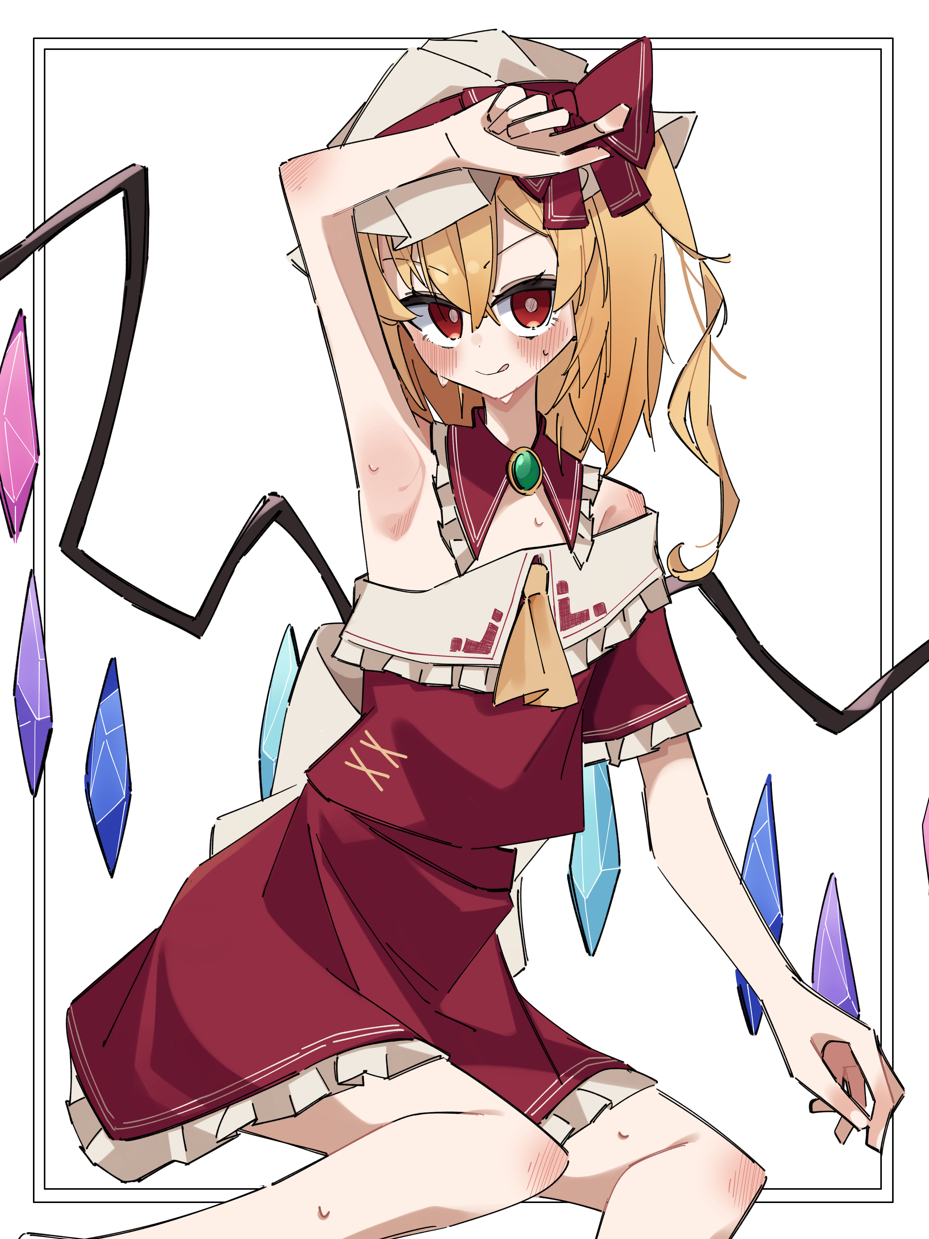 miraruuts1231, flandre scarlet, touhou, absurdres, highres, 1girl, armpits, ascot, blonde hair, bow, cowboy shot, crystal, crystal wings, frills, hair between eyes, hat, looking at viewer, mob cap, red eyes, red skirt, red vest, ribbon, shirt, short hair, short sleeves, side ponytail, simple background, sitting, skirt, smile, solo, sweat, vest, white background, wings, yellow ascot