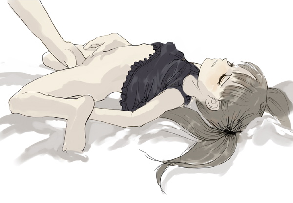 natori (natorism), copyright request, 1girl, arched back, bed sheet, blush, bottomless, brown hair, camisole, clenched teeth, closed eyes, clothes lift, fingering, loli, long hair, lying, shirt lift, soles, solo focus, spread legs, teeth, twintails