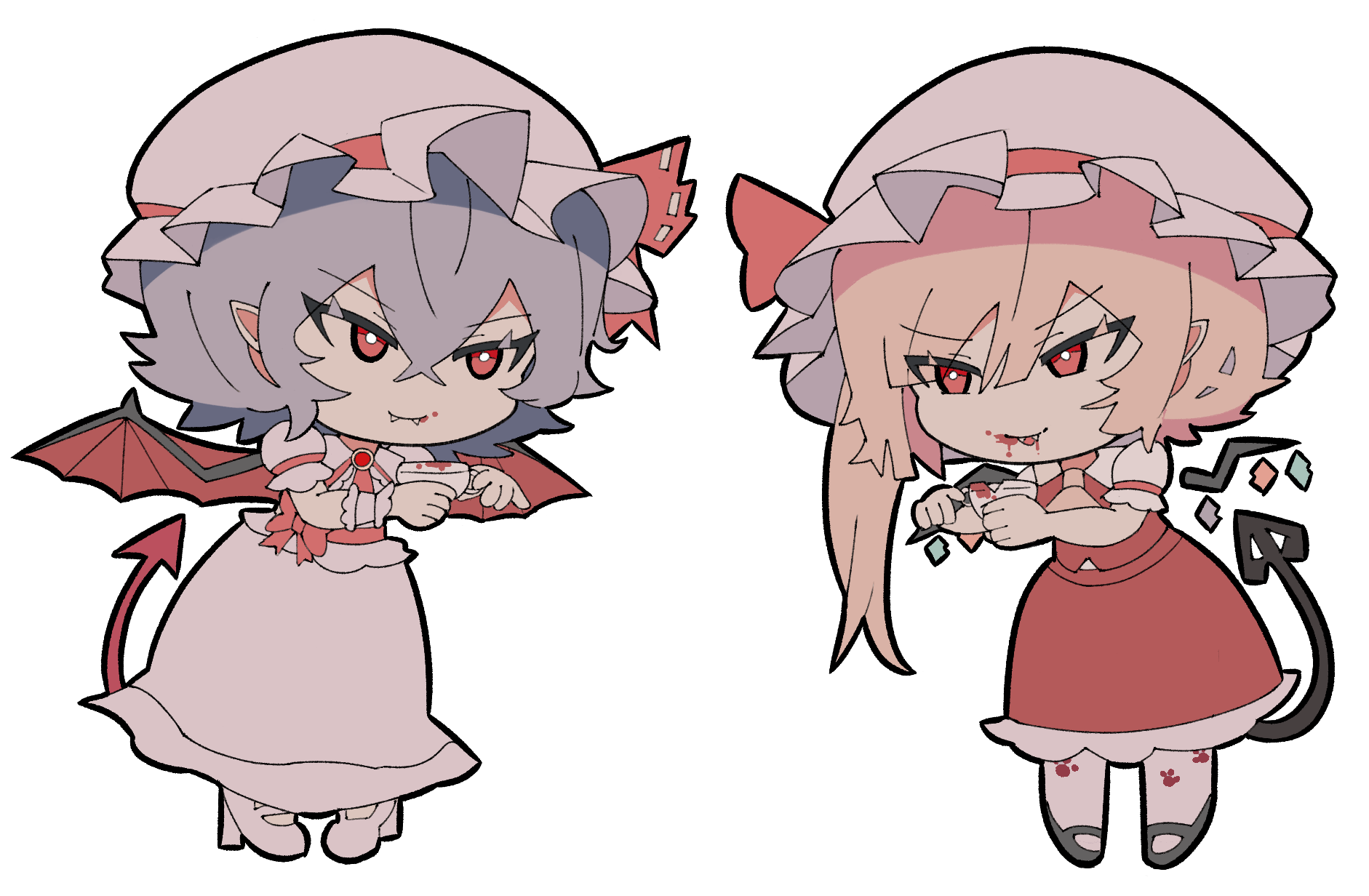 grimlisp, flandre scarlet, remilia scarlet, touhou, highres, 2girls, ascot, bat wings, chibi, crystal wings, demon tail, dress, full body, hat, hat ribbon, laevatein (touhou), mob cap, multiple girls, open mouth, puffy short sleeves, puffy sleeves, red eyes, ribbon, short hair, short sleeves, siblings, simple background, sisters, smile, standing, tail, vampire, white background, wings
