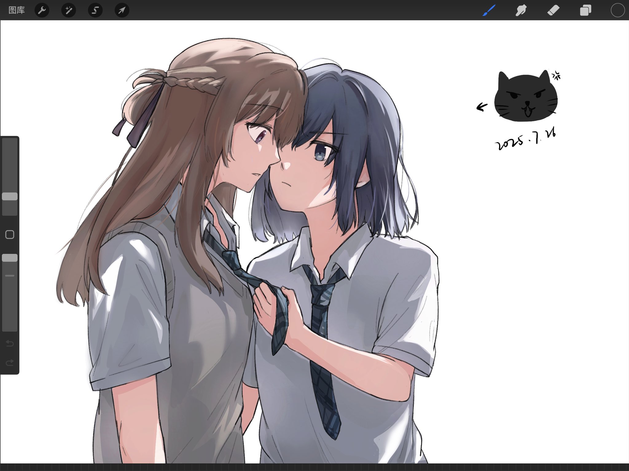miyagi shiori, sendai hazuki, shuuniichido classmate wo kau hanashi, commentary request, highres, second-party source, 2girls, anger vein, art program in frame, blue eyes, blue hair, blue necktie, braid, brown hair, brown sweater vest, cat, closed mouth, clothes grab, collared shirt, dated, half up braid, long hair, looking at another, medium hair, mim120809, multiple girls, necktie, necktie grab, neckwear grab, parted lips, purple eyes, school uniform, shirt, short sleeves, simple background, sweater vest, upper body, white background, white shirt, yuri