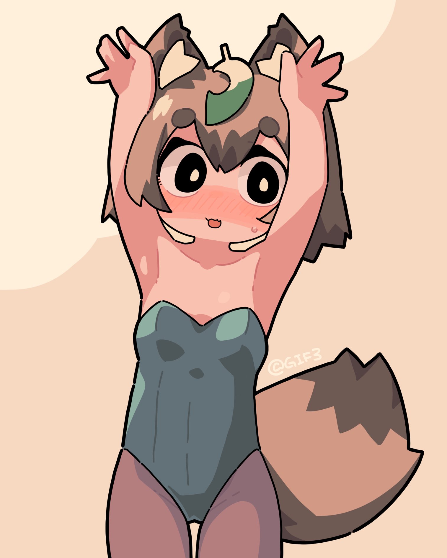ugif, original, commentary request, highres, 1girl, animal ear fluff, animal ears, armpits, arms up, bare arms, bare shoulders, blush, breasts, brown background, brown hair, brown pantyhose, covered groin, grey leotard, leaf, leaf on head, leotard, looking at viewer, nose blush, open mouth, pantyhose, raccoon ears, raccoon girl, raccoon tail, short eyebrows, small breasts, small sweatdrop, solo, strapless, strapless leotard, sweat, tail, thick eyebrows, twitter username
