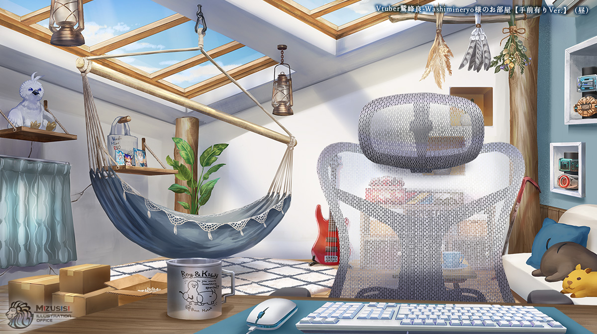 mizushishi, indie virtual youtuber, official art, bag, box, broken wall, cactus, cardboard box, chair, coffee table, computer keyboard, computer mouse, copyright notice, couch, crowbar, cup, cushion, drawer, flower, gaming chair, guitar, hammock, hanging flower, hanging light, herb bundle, hole in wall, indoors, instrument, kerosene lamp, mug, no humans, photo (object), plant, plume, potted plant, radio, rug, saucer, scenery, shelf, skylight, stuffed animal, stuffed bird, stuffed toy, sunlight, swivel chair, table, tote bag, washimineryo, wheat, wooden floor