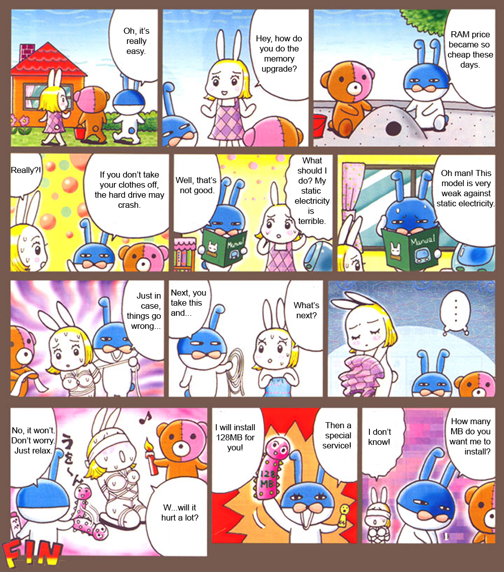 hard-translated, third-party edit, translated, 1girl, bdsm, blindfold, bondage, bound, candle, chibi, chibi only, comic, computer, dildo, parody, rabbit, sex toy, shibari, spiked dildo, stuffed animal, stuffed toy, what, you gonna get raped