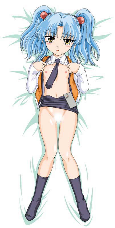 wan'yan aguda, hoshino ruri, kidou senkan nadesico, jpeg artifacts, 1girl, black socks, censored, female focus, flat chest, full body, loli, nipples, open clothes, open shirt, shirt, socks, solo