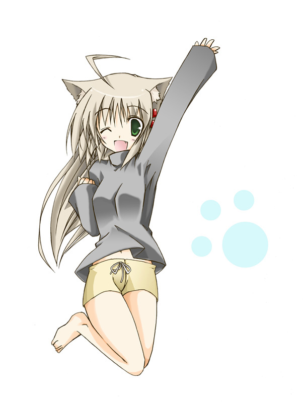 yukino kou, 1girl, ahoge, animal ears, cat ears, female focus, green eyes, jumping, long hair, one eye closed, open mouth, paw print, solo
