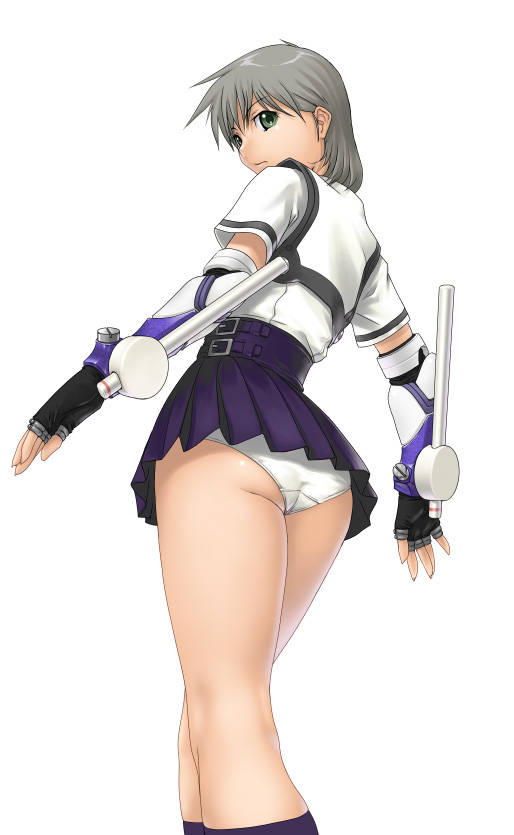 makochin, original, silver hair, 1girl, ass, back, black socks, elbow gloves, female focus, fingerless gloves, from behind, from below, gloves, green eyes, kneepits, looking back, panties, pantyshot, shirt, short hair, skirt, socks, solo, standing, tonfa, underwear, upskirt, weapon, white panties
