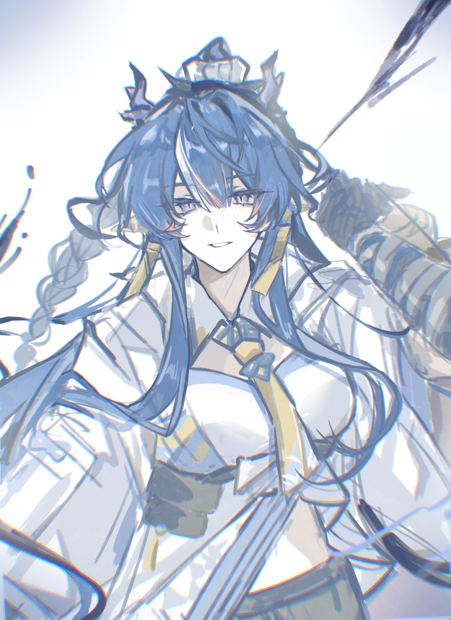 shang ge promax, ling (arknights), arknights, chinese commentary, commentary request, highres, 1girl, blue hair, bolo tie, chromatic aberration, dragon girl, dragon horns, earrings, grin, hair between eyes, horns, jacket, jewelry, long hair, looking at viewer, multicolored hair, orange hair, purple eyes, sketch, smile, solo, streaked hair, white hair, white jacket